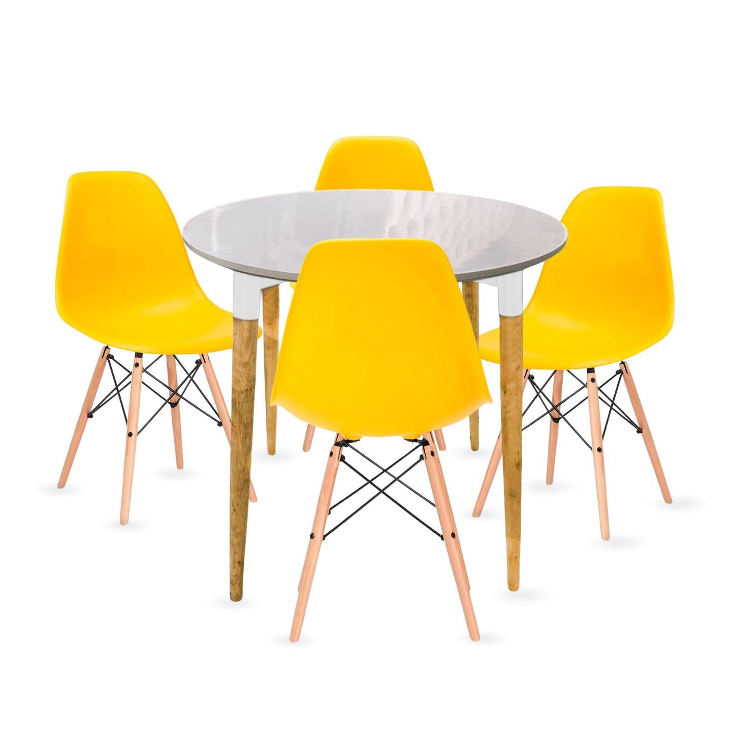 Juego de Comedor White redondo con 4 Sillas Eames amarillo