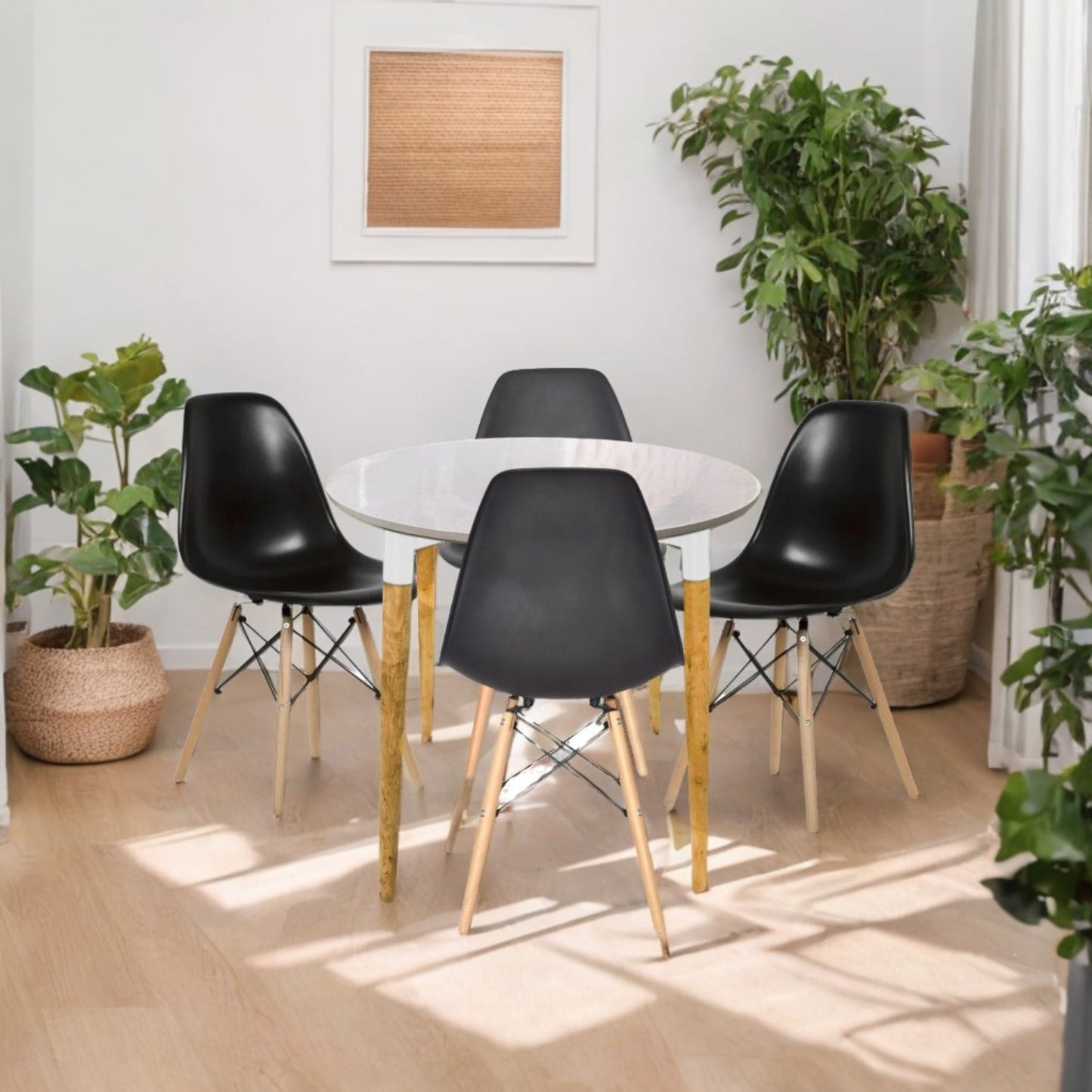 Juego de Comedor White redondo con 4 Sillas Eames negro