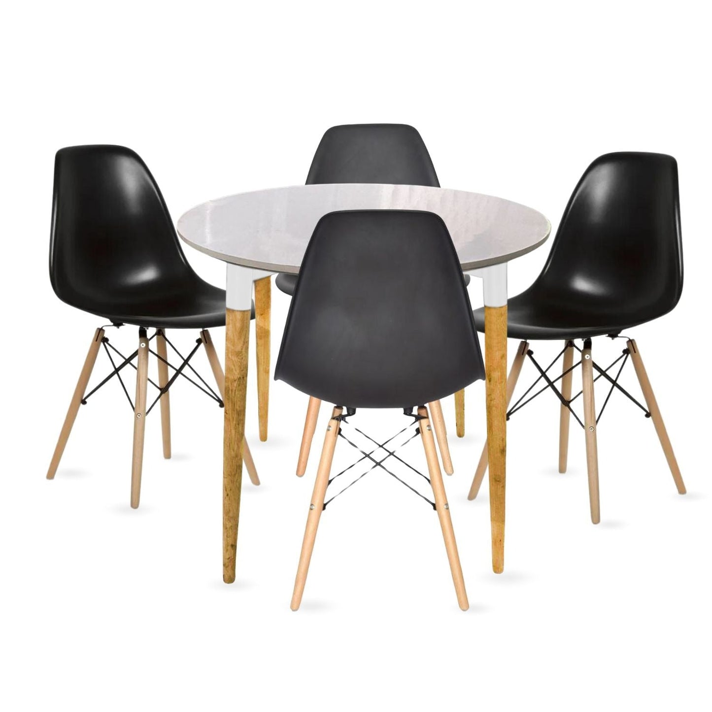 Juego de Comedor White redondo con 4 Sillas Eames negro