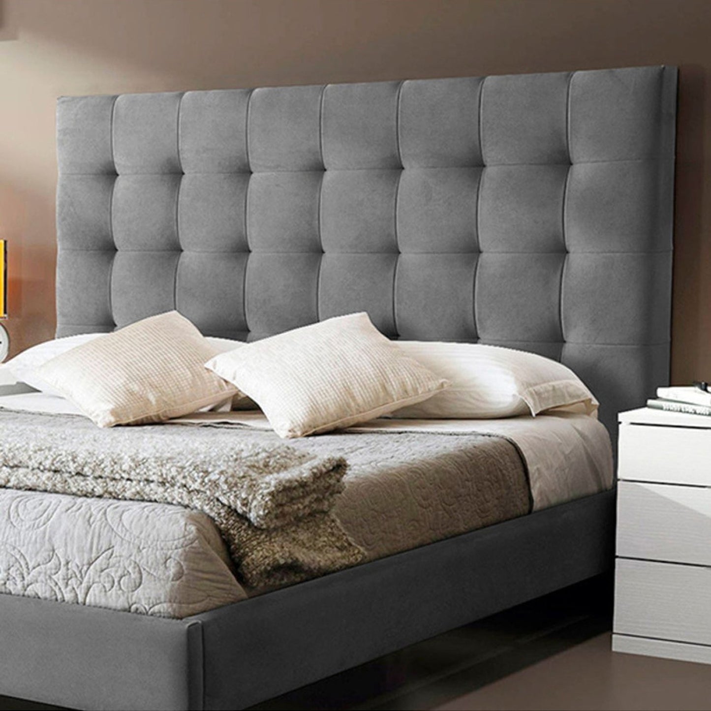 Base Cama Con Espaldar Queen Luxury Gris Plata