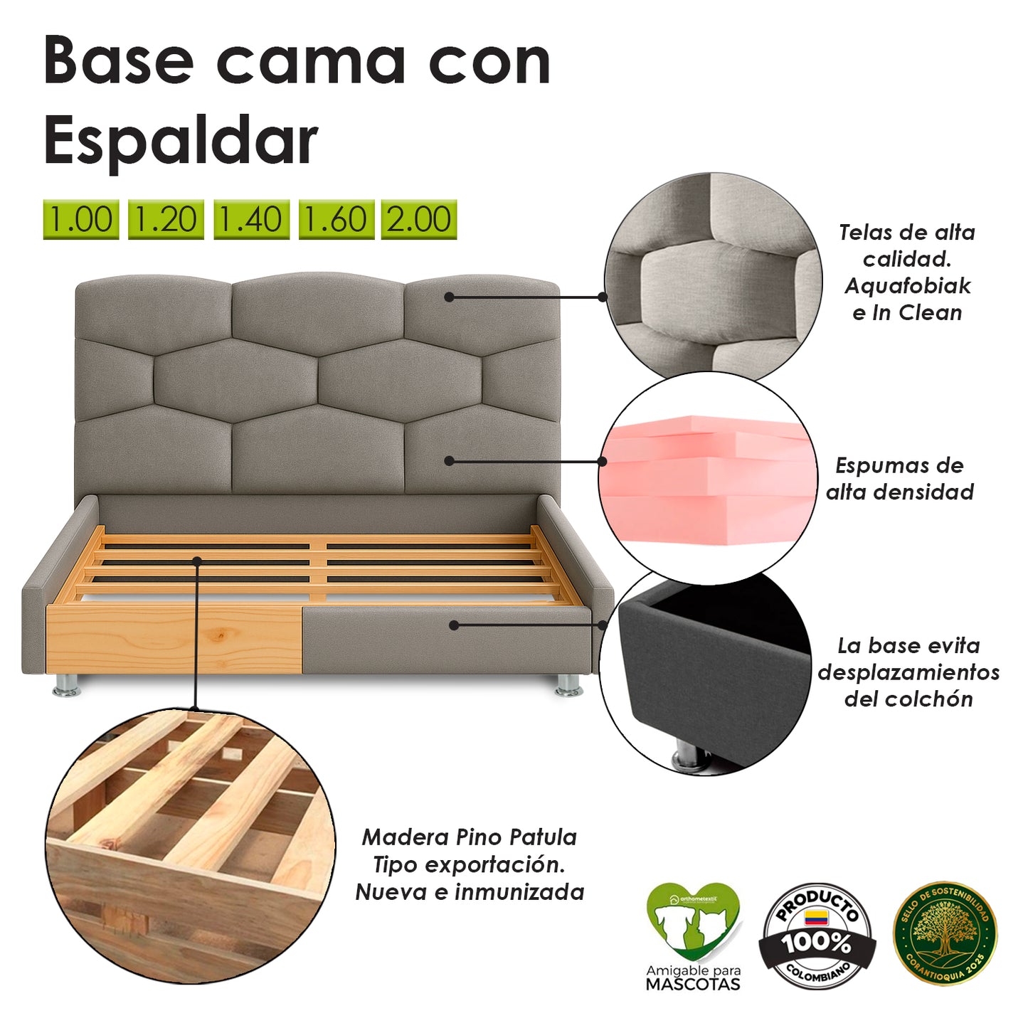 Base Cama con Espaldar + Colchon Queen Esmeralda gris plata