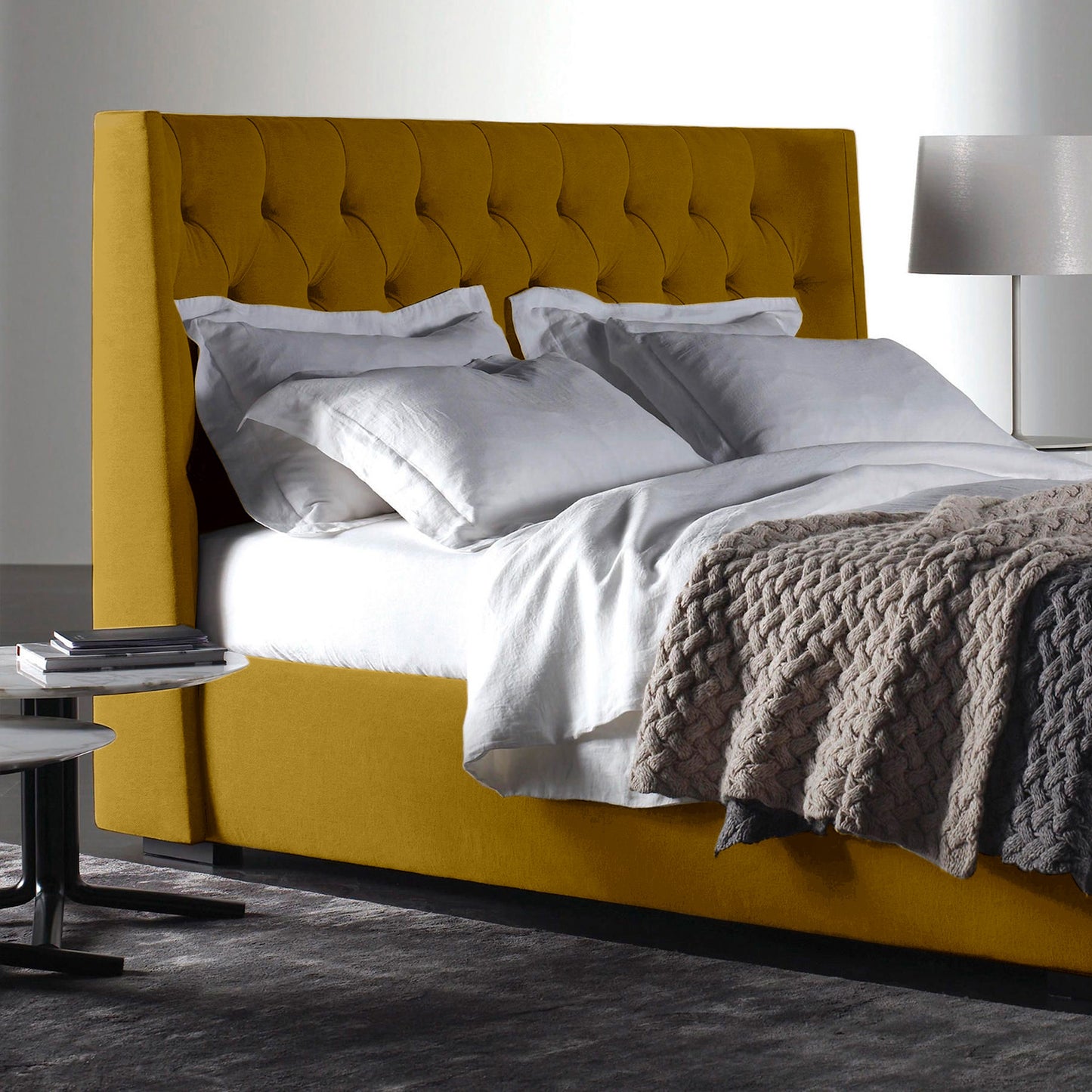 Base Cama con Espaldar + Colchon King Marfil 200x200x150 mostaza