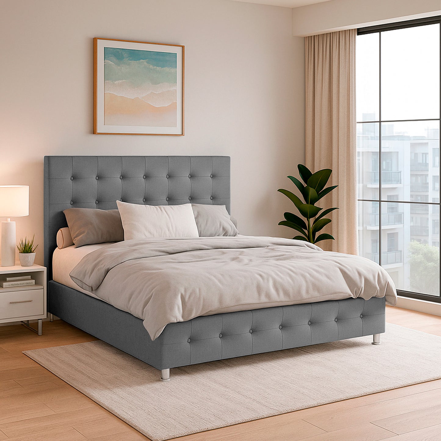 Base Cama Con Espaldar Doble Capital Gris Perla