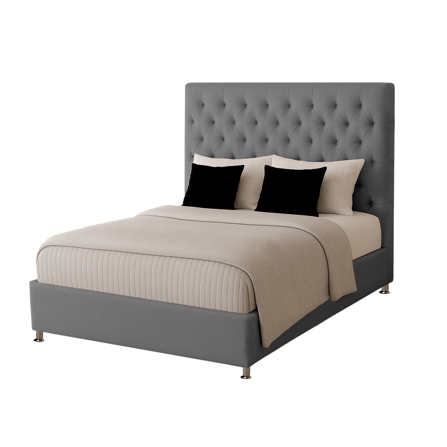 Base Cama con Espaldar + Colchon + Puff Baul Doble Paris gris plata