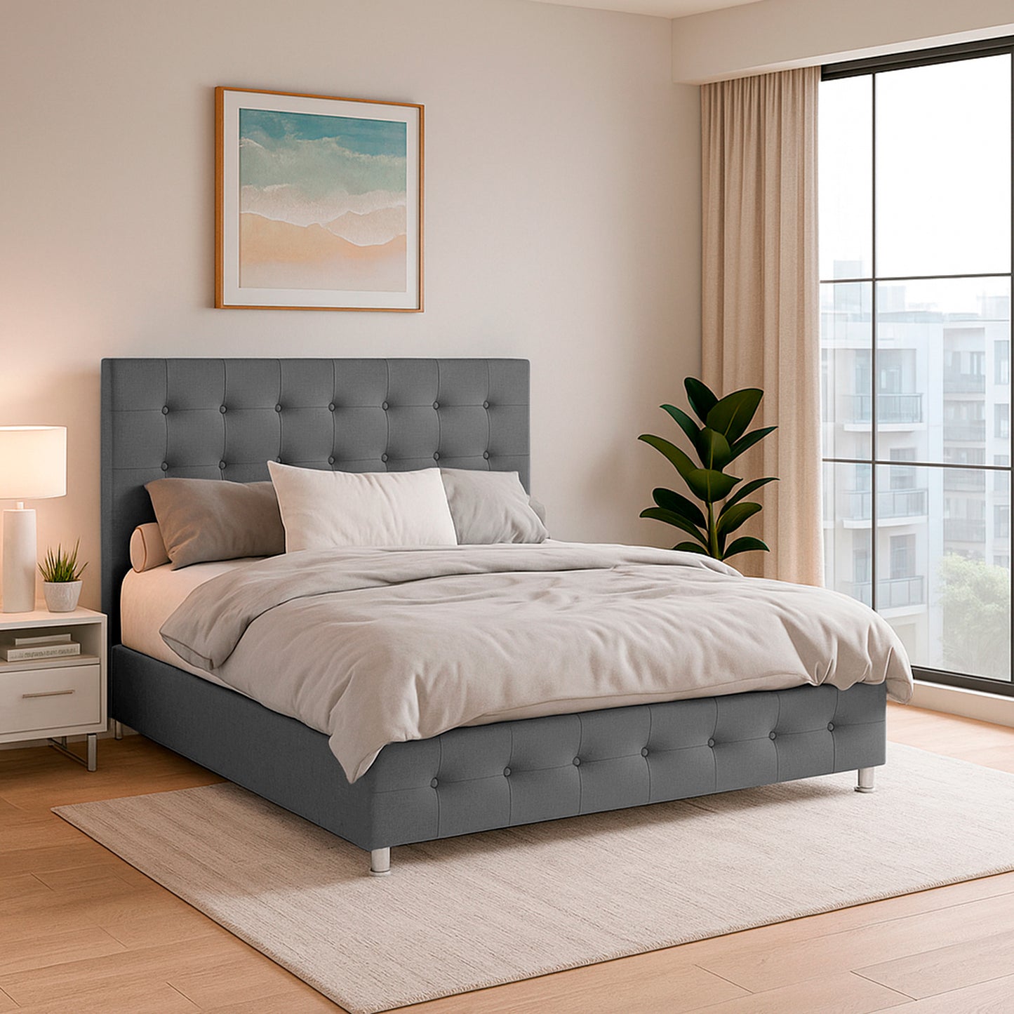 Base Cama Con Espaldar King Capital Gris Plata