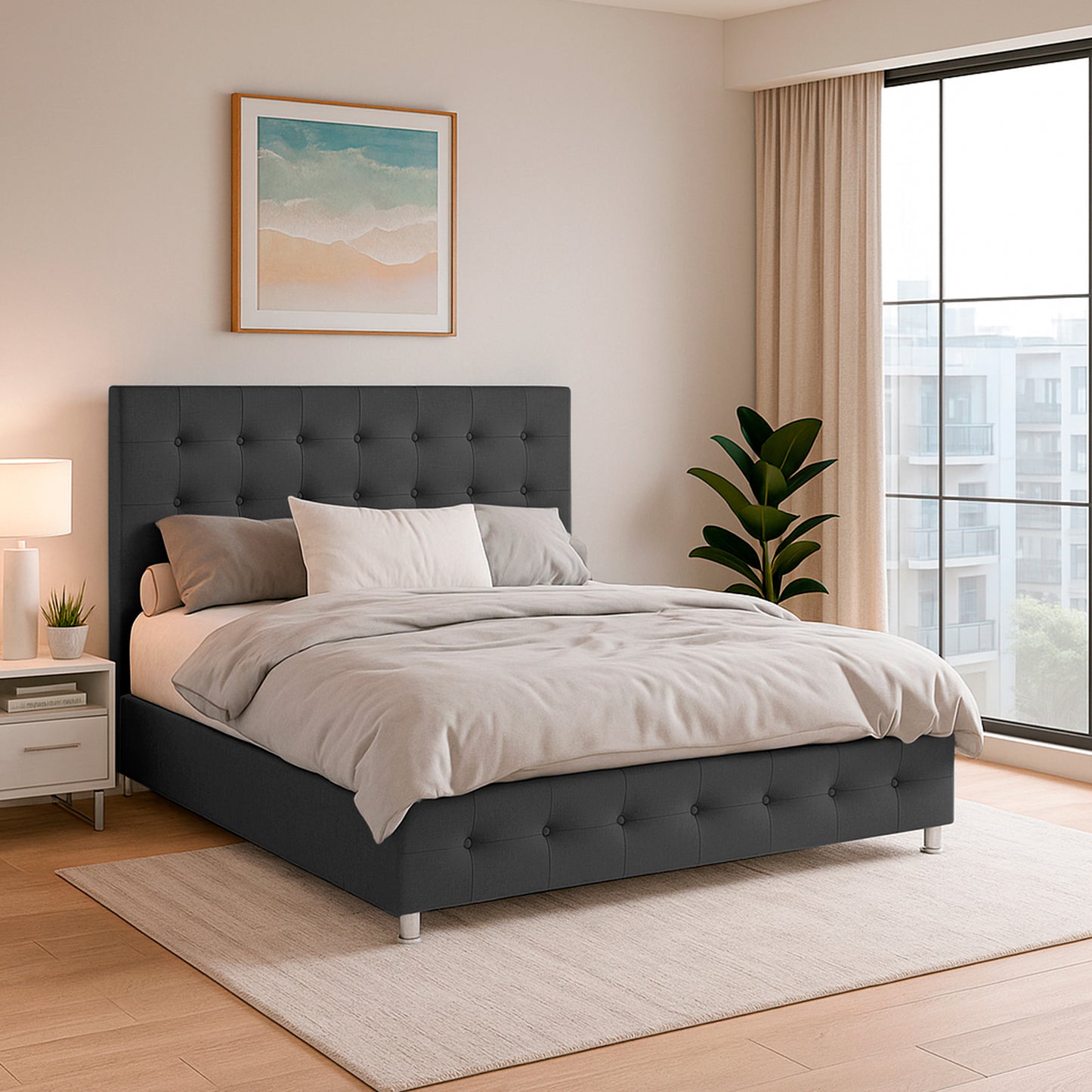 Base Cama Con Espaldar King Capital Gris Plomo
