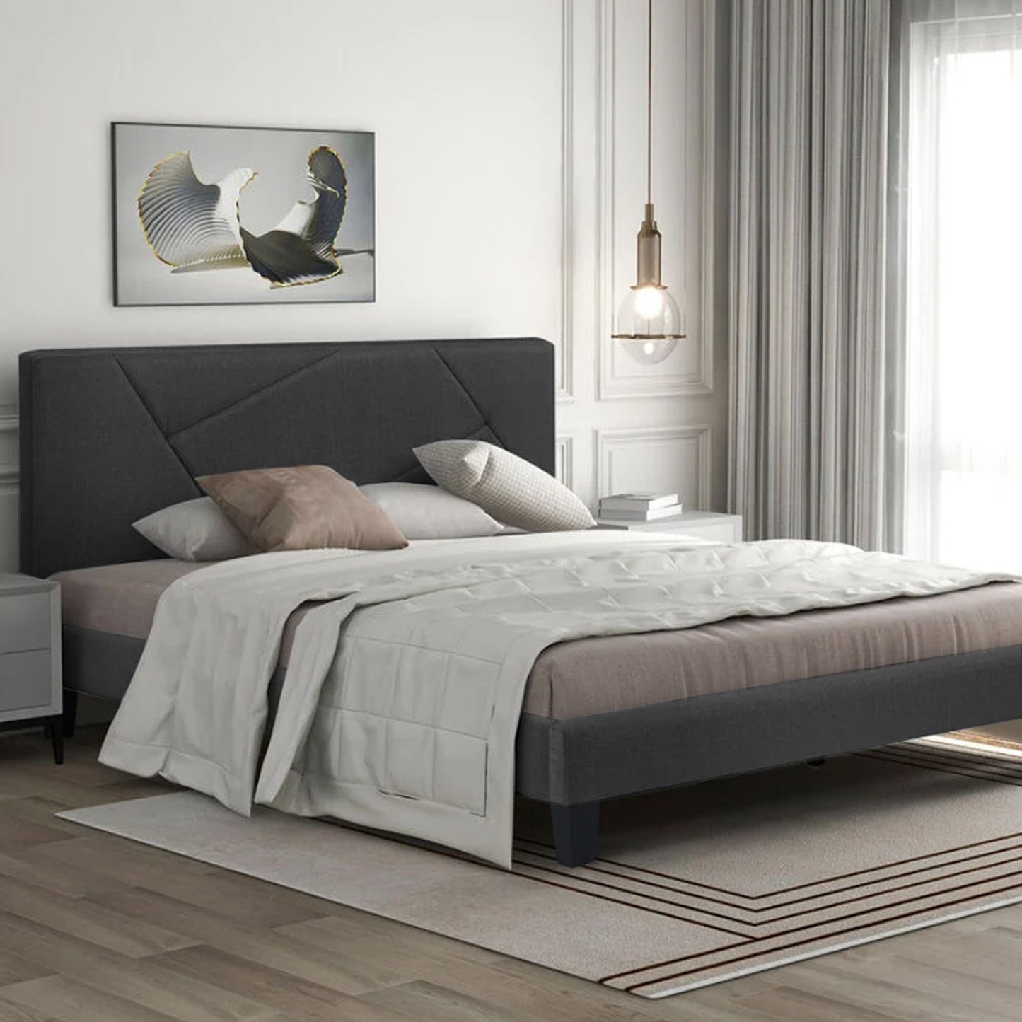 Base Cama Con Espaldar Queen Hampton Gris Plomo