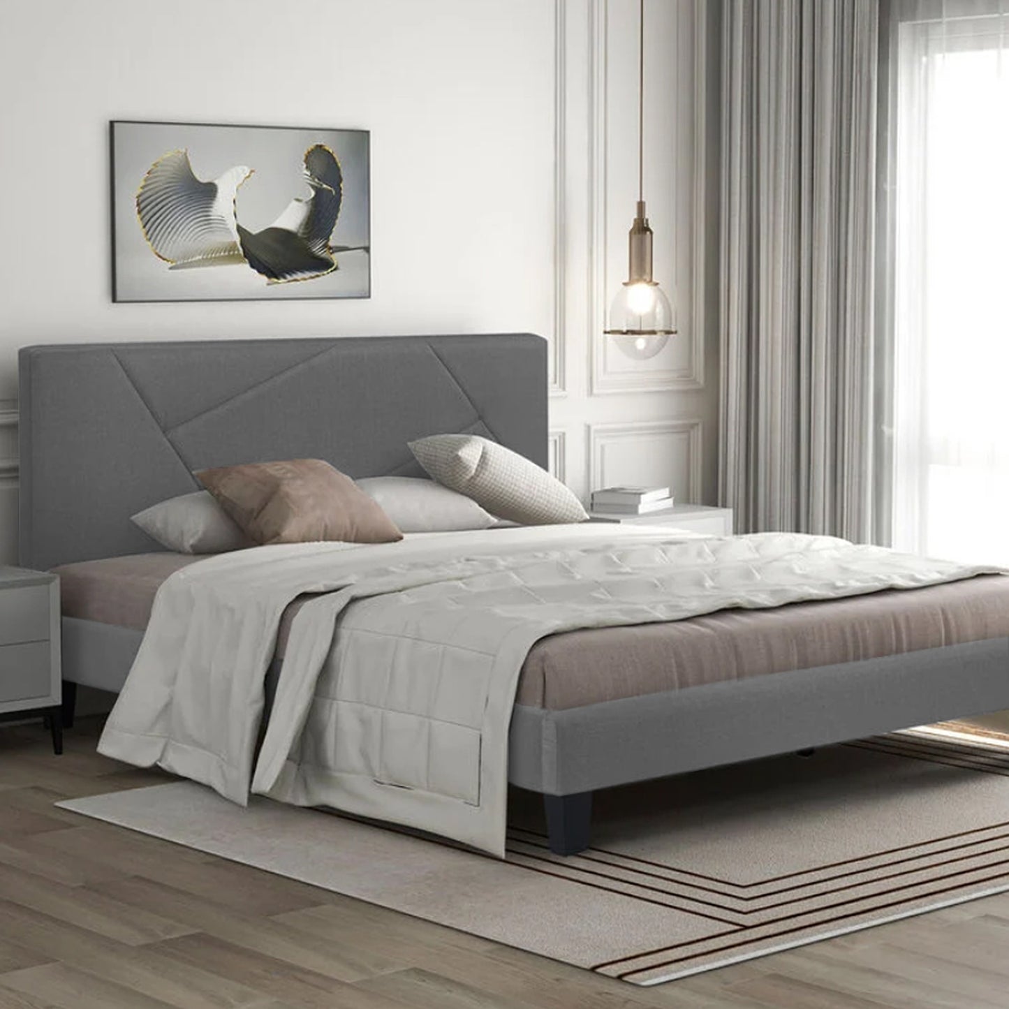 Base Cama Con Espaldar King Hampton Gris Plata