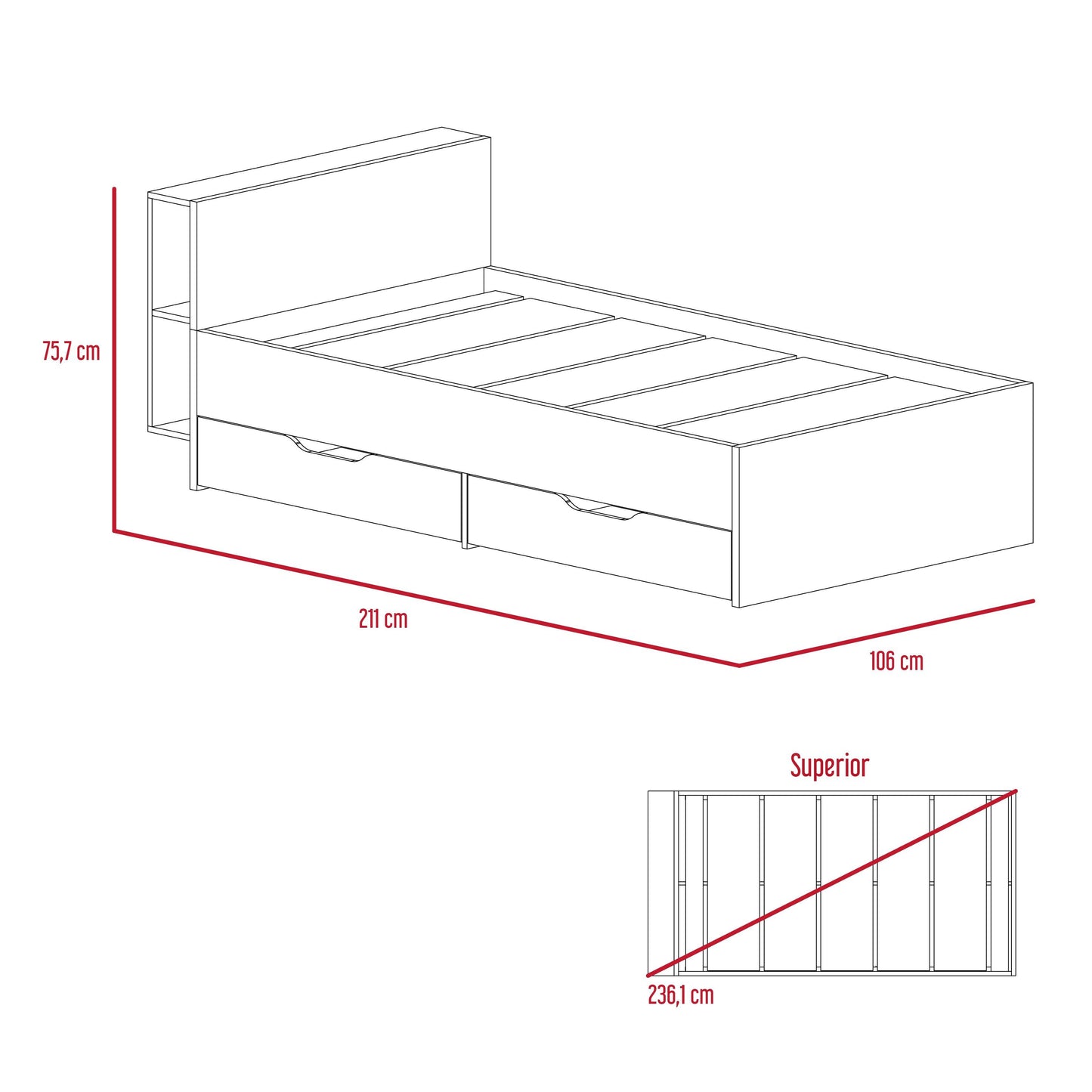 Cama Sencilla Illena, Cobre, Con Detalle Funcional En La Cabecera Para Libros Y Objetos Personales