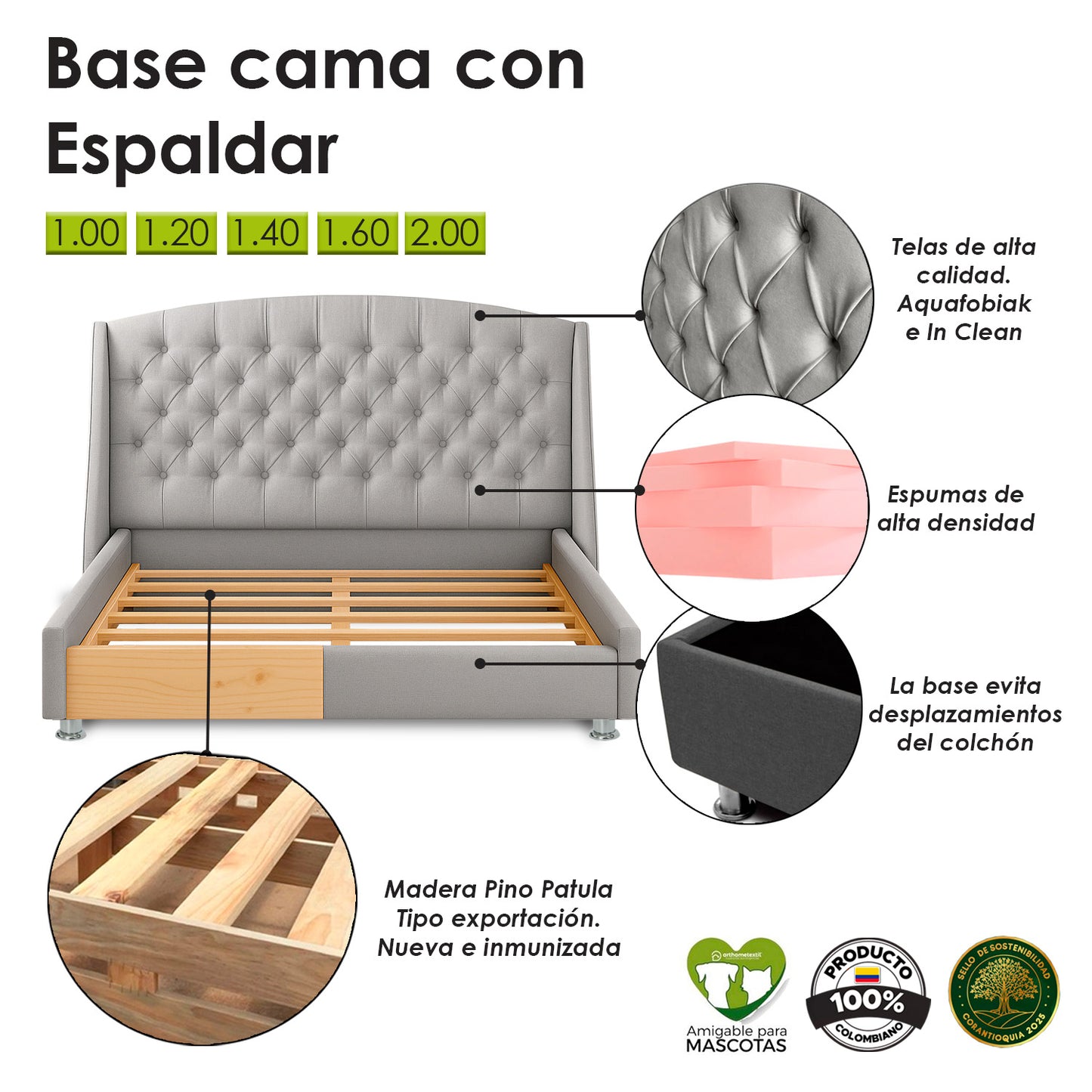 Base Cama con Espaldar + Colchon Doble Italia taupe