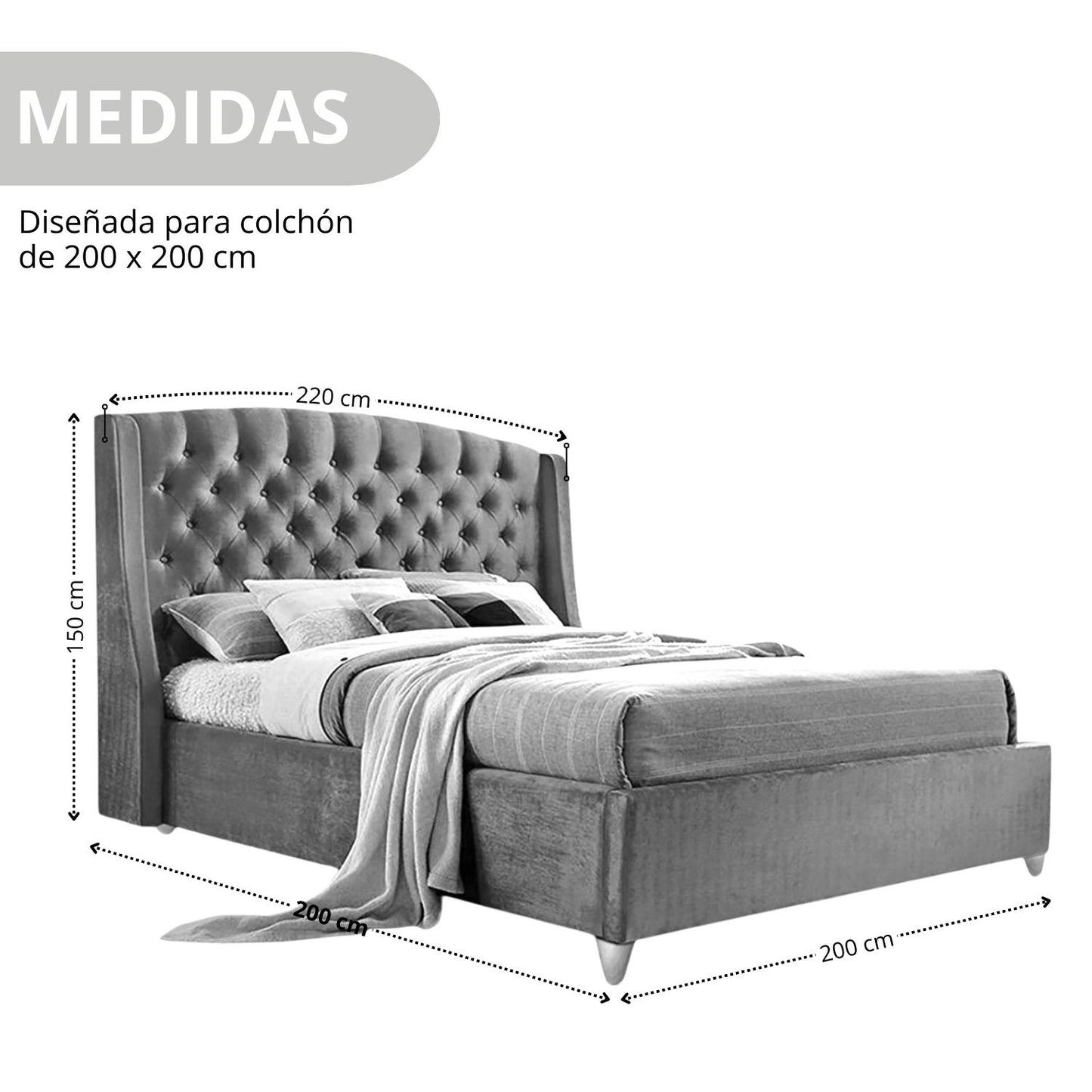 Base Cama con Espaldar + Colchon King Italia Gris plata