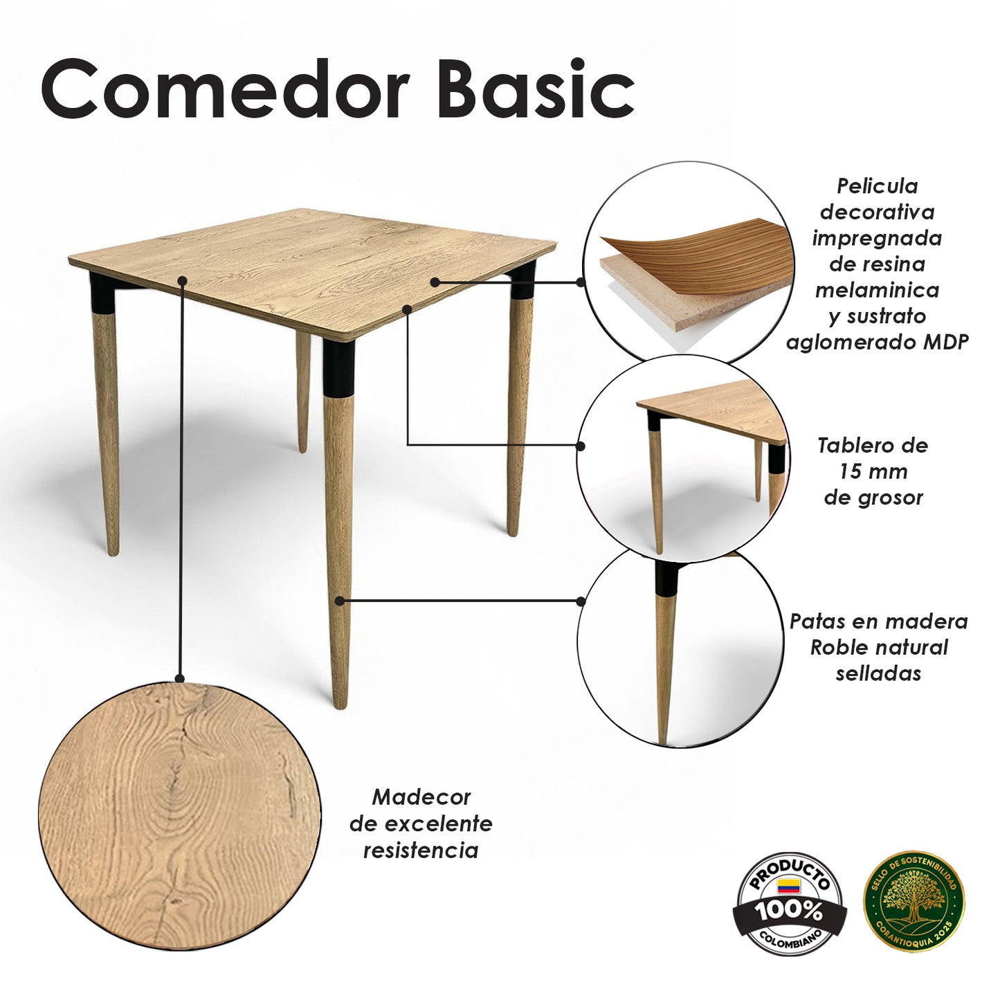 Juego de Comedor basic Madera con 4 Sillas Eames negras
