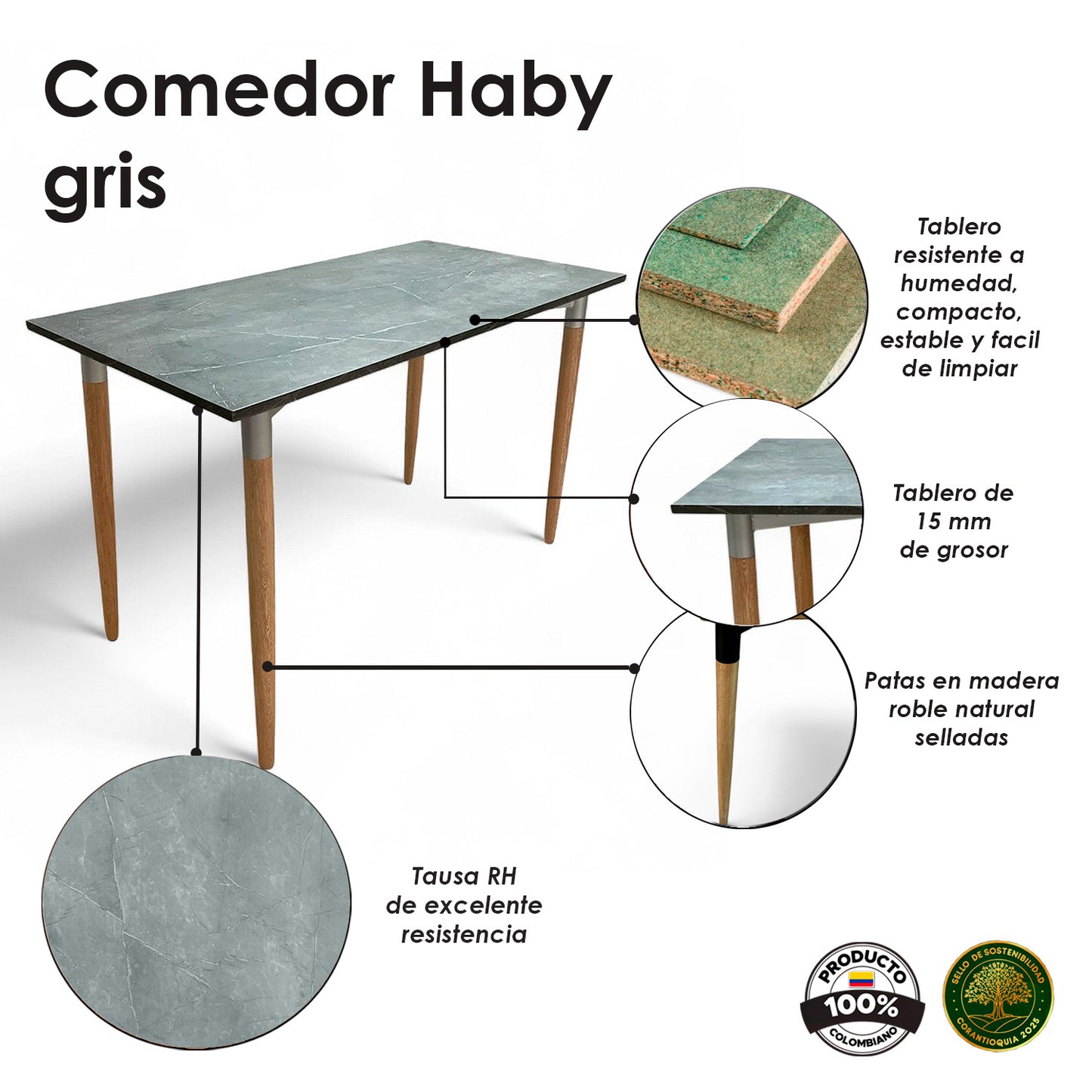 Juego de Comedor Haby gris con 4 Sillas Eames blancas