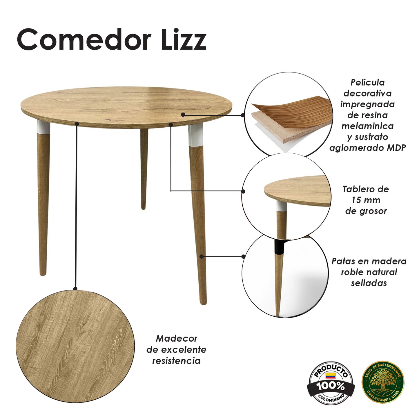 Juego de Comedor redondo lizz con 3 Sillas Eames beige