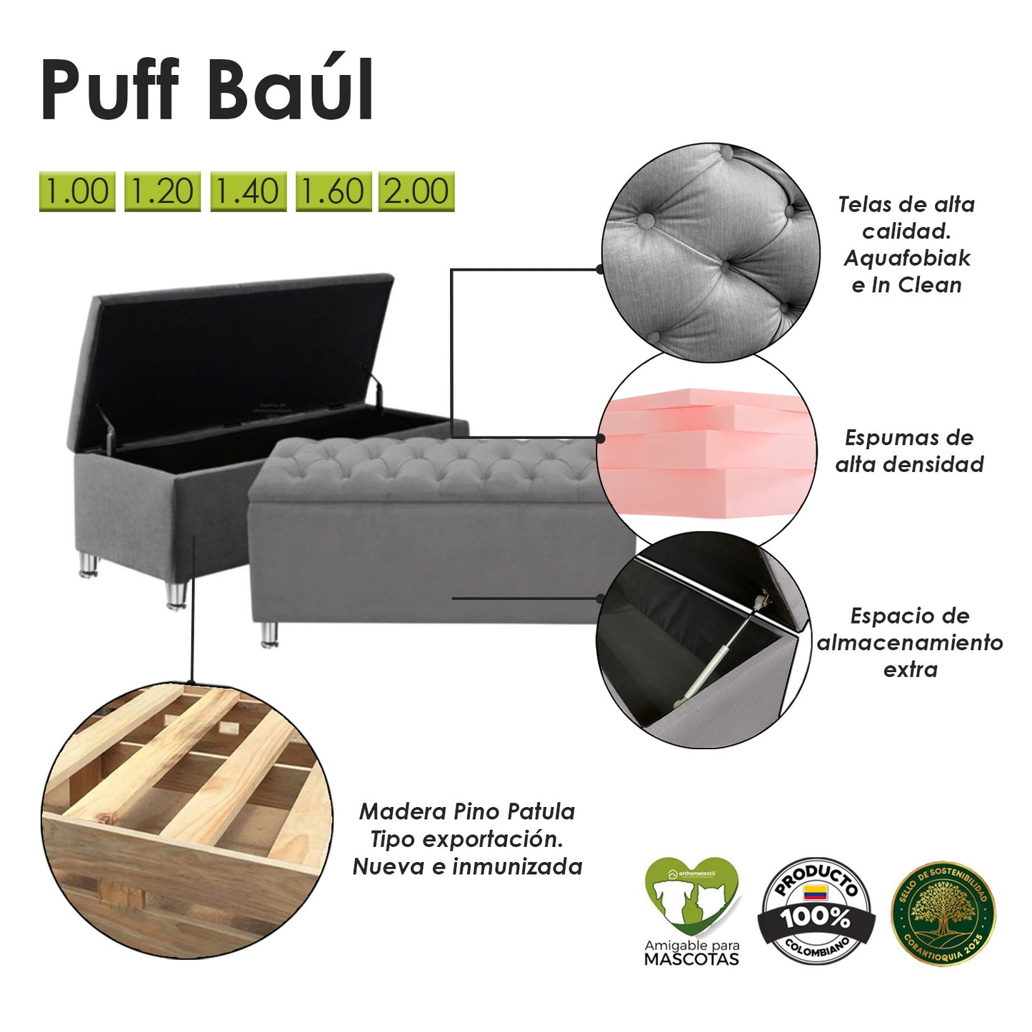 Base Cama con Espaldar + Colchon + Puff Baul Semidoble Julieta azul