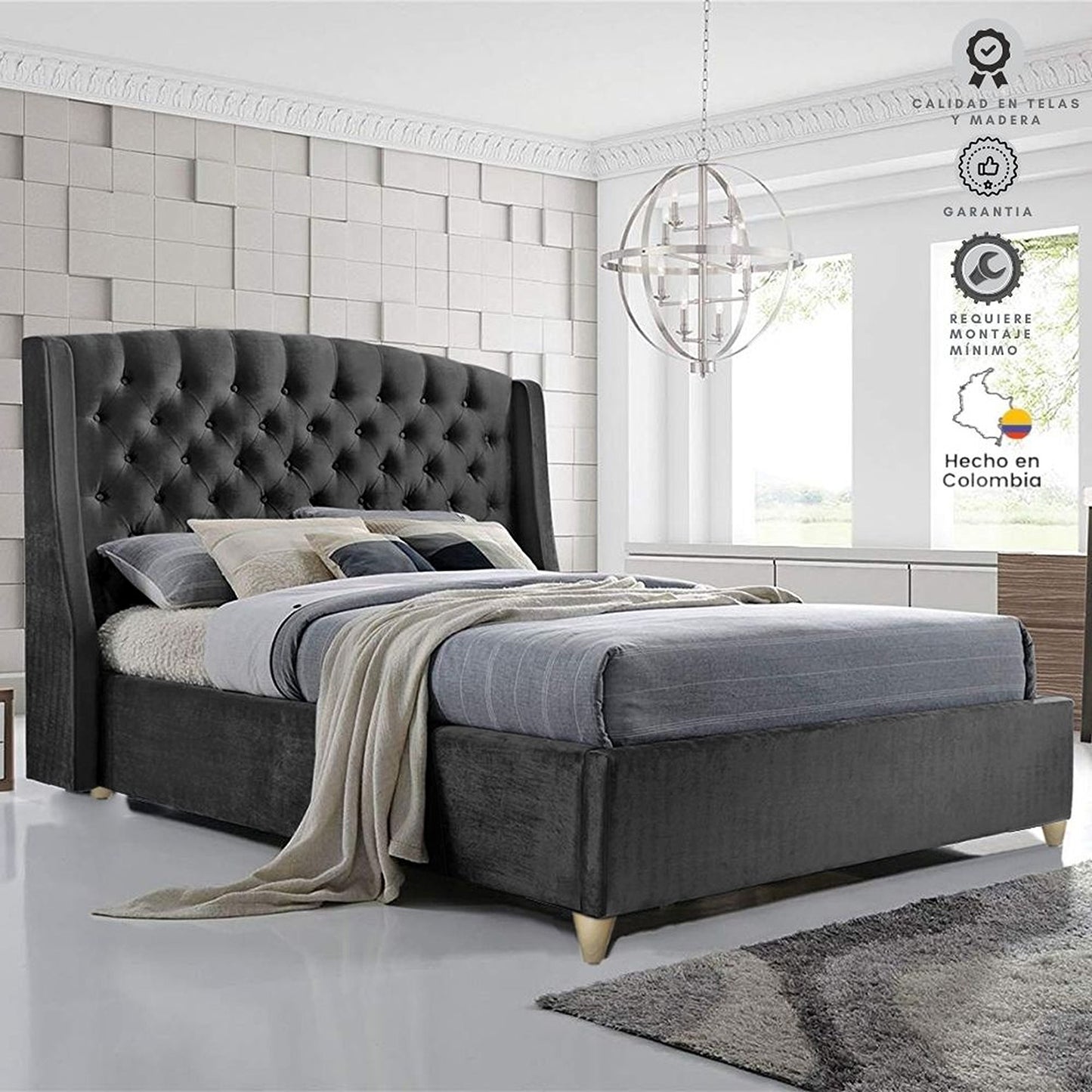 Base Cama con Espaldar + Colchon King Italia 200x200x150 gris plomo