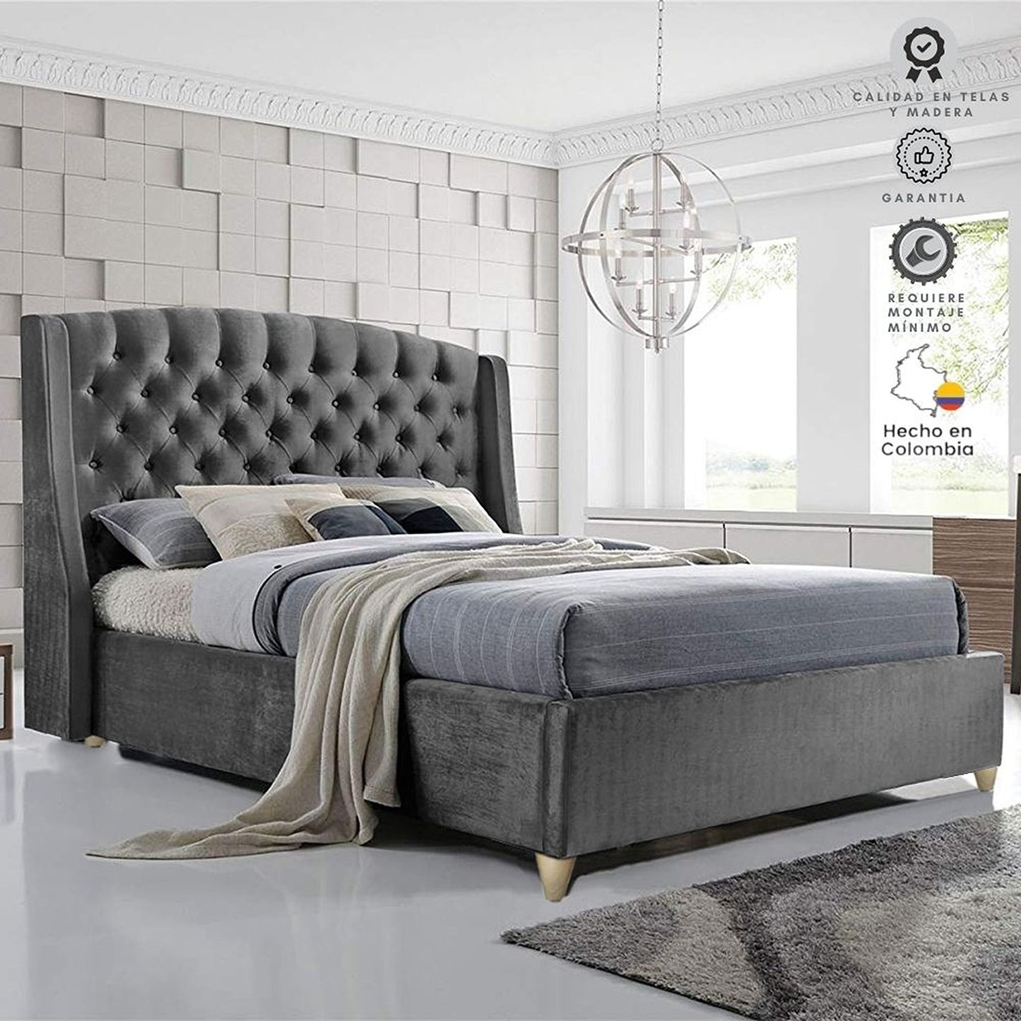 Base Cama con Espaldar + Colchon King Italia 200x200x150 gris plata