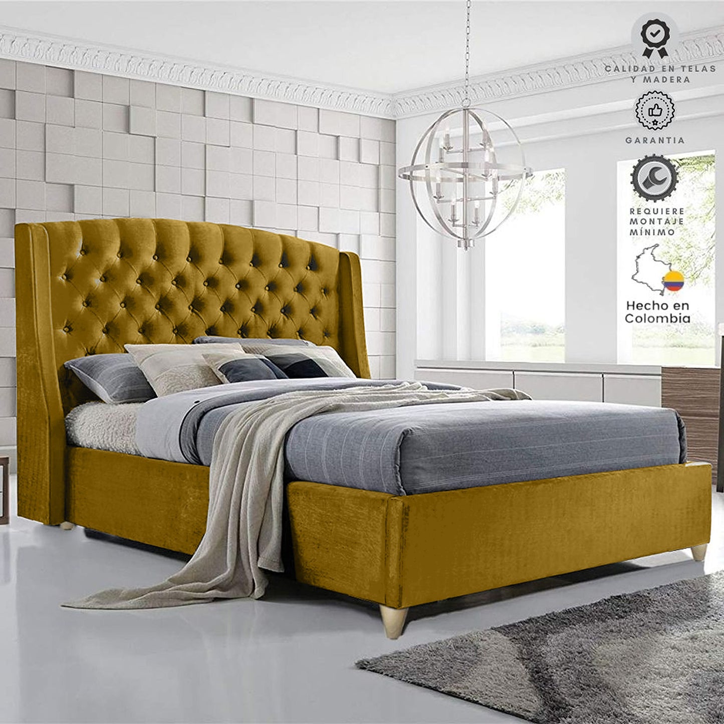 Base Cama con Espaldar + Colchon Queen Italia 160x190x150 mostaza