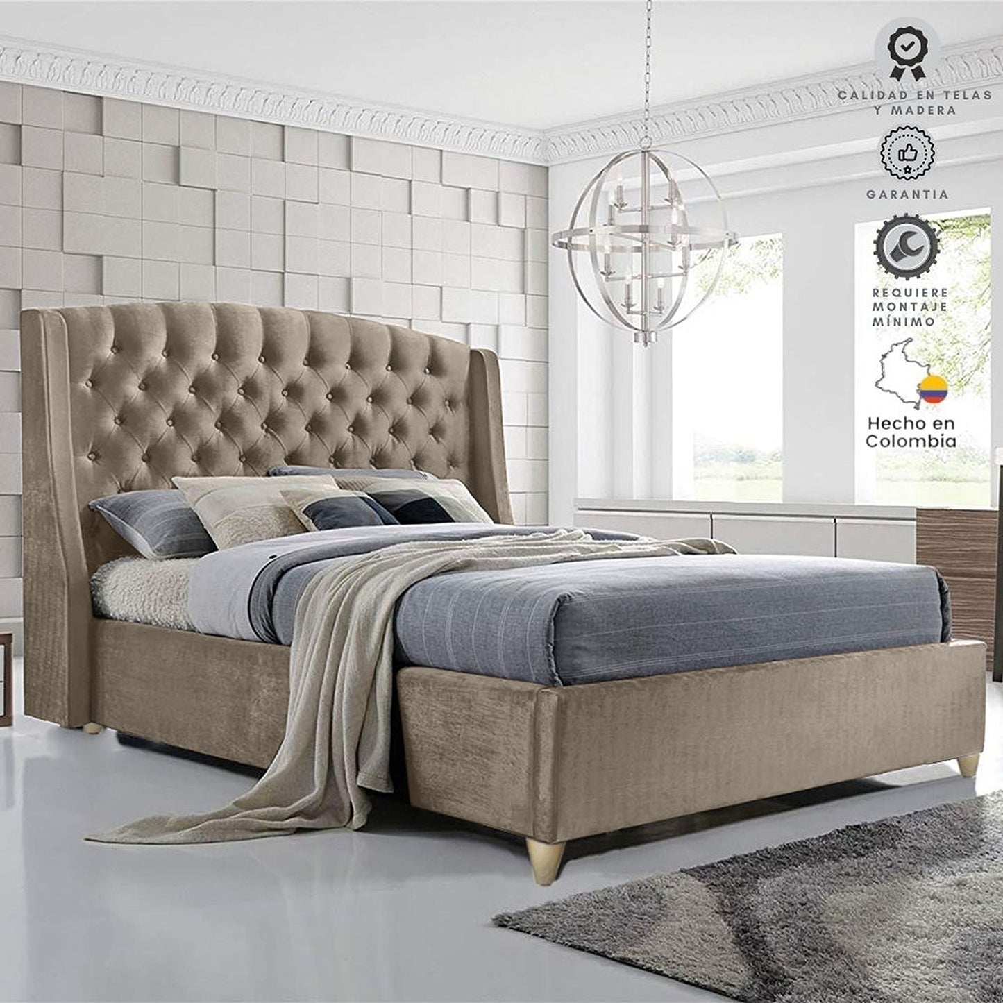 Base Cama con Espaldar + Colchon King Italia 200x200x150 taupe