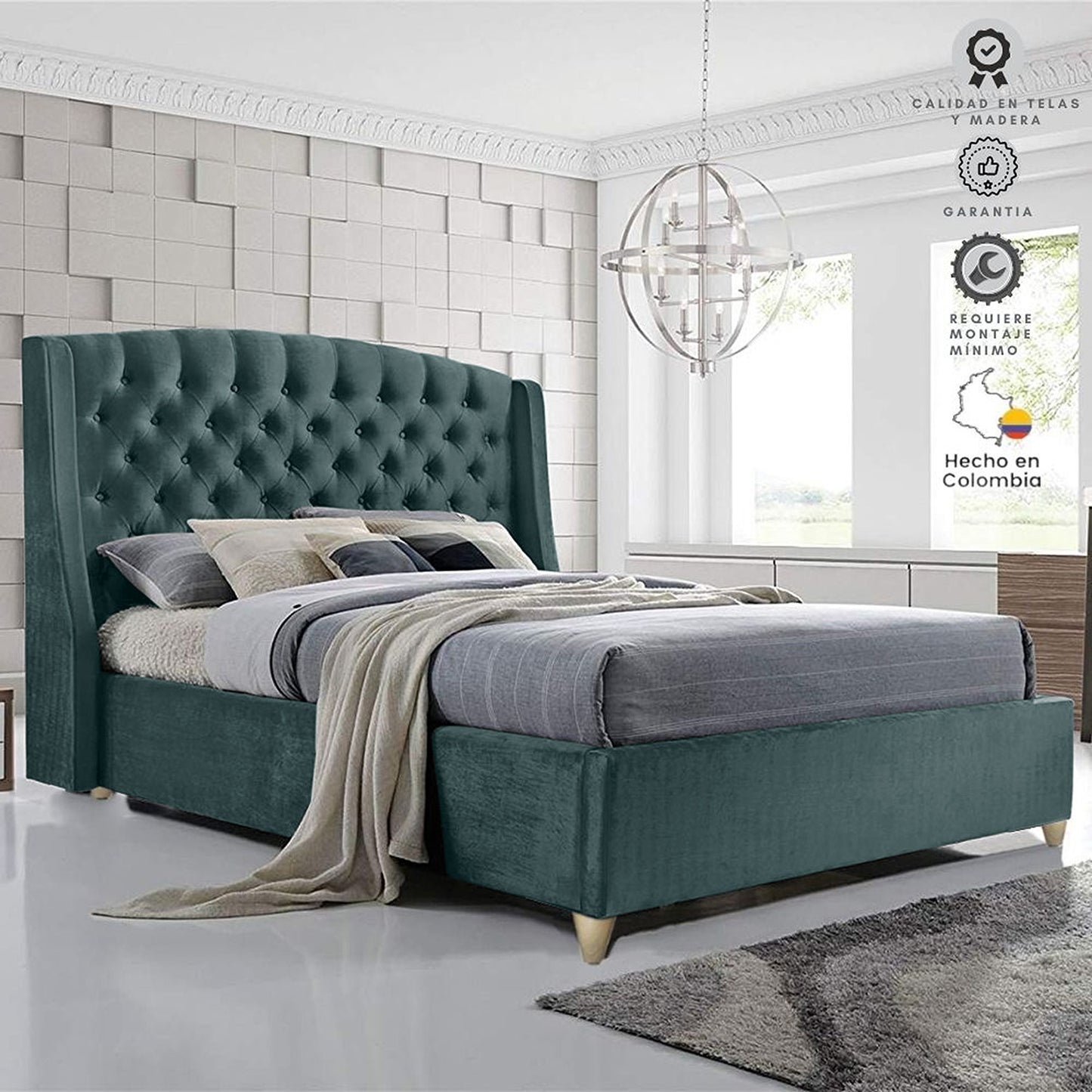 Base Cama con Espaldar + Colchon Queen Italia 160x190x150 verde