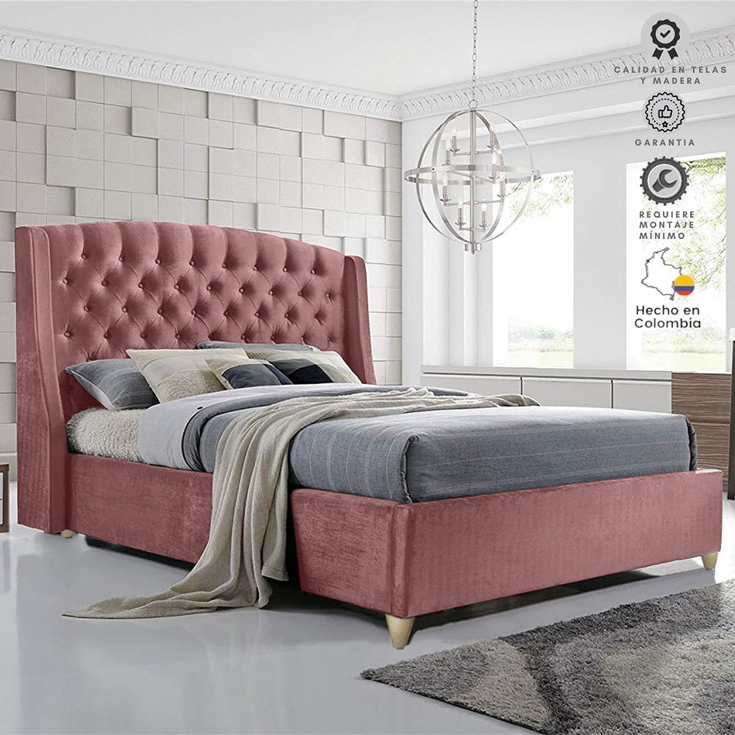 Base Cama Con Espaldar Sencillo Italia Salmon