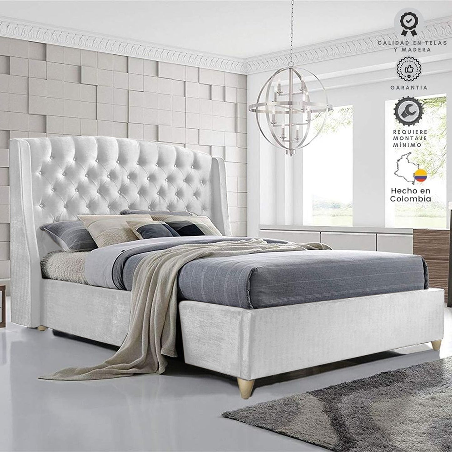 Base Cama con Espaldar + Colchon King Italia 200x200x150 blanco