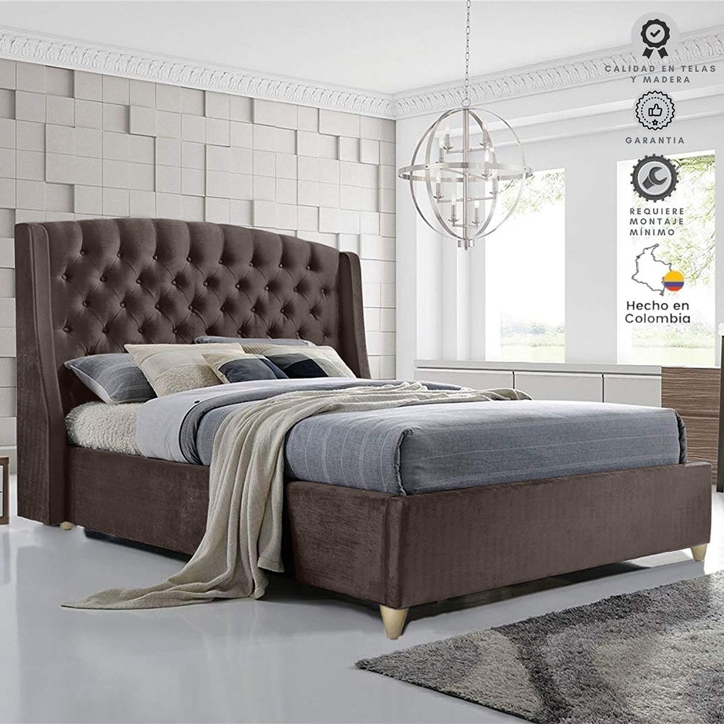 Base Cama con Espaldar + Colchon Queen Italia 160x190x150 cafe