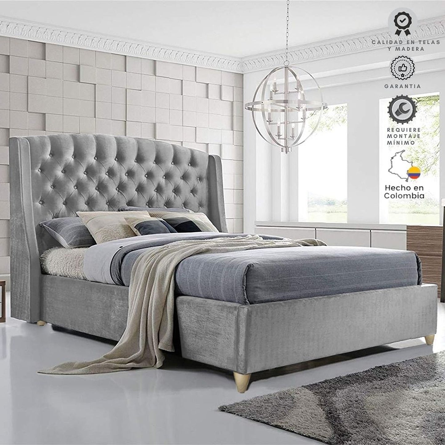 Base Cama con Espaldar + Colchon King Italia 200x200x150 gris perla