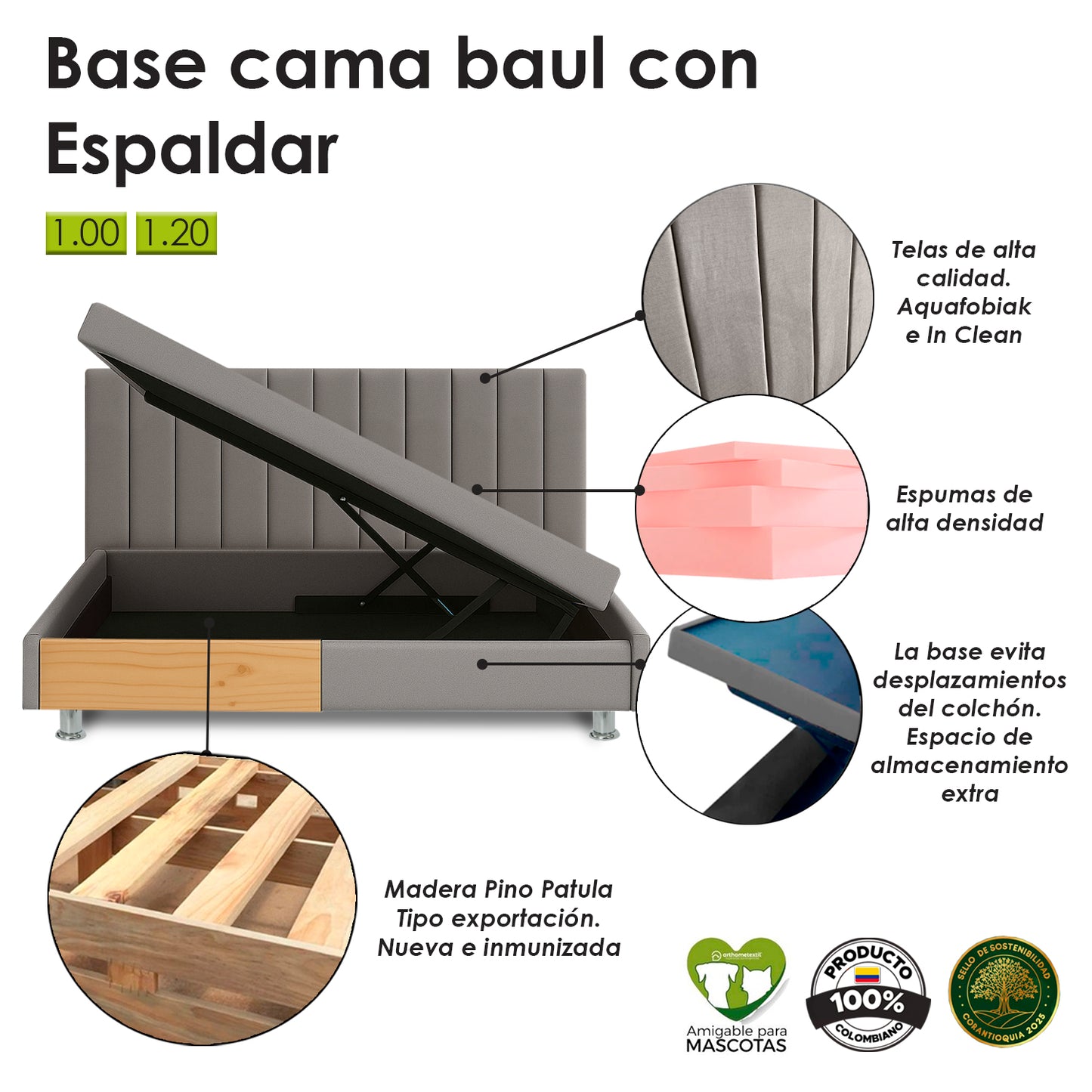 Base Cama Baul con Espaldar Sencillo Infantil Luna 100x190x120 azul cielo