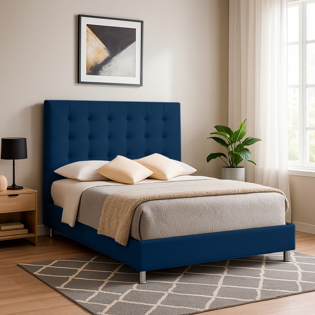 Base Cama con Espaldar + Colchon Sencillo Luxury azul