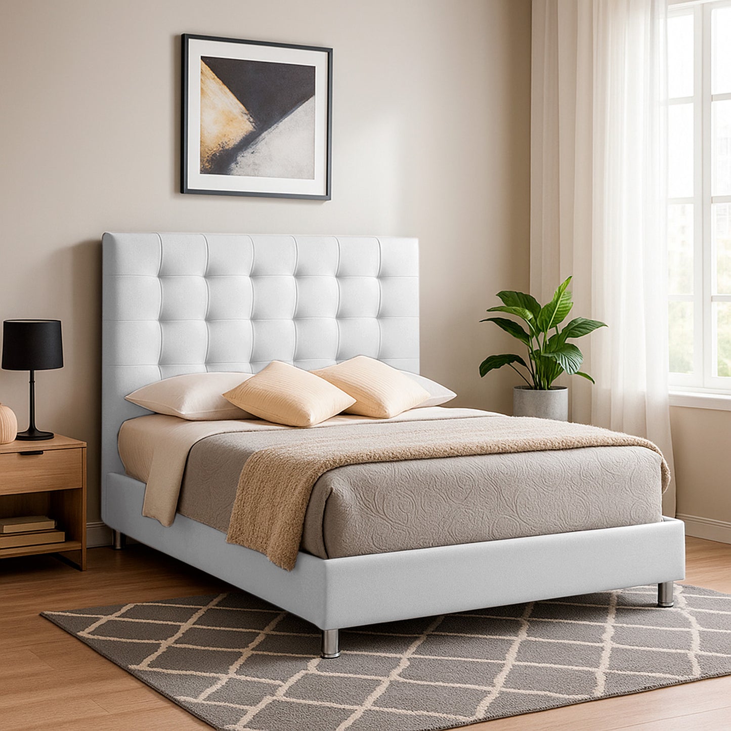 Base Cama con Espaldar + Colchon Sencillo Luxury blanco