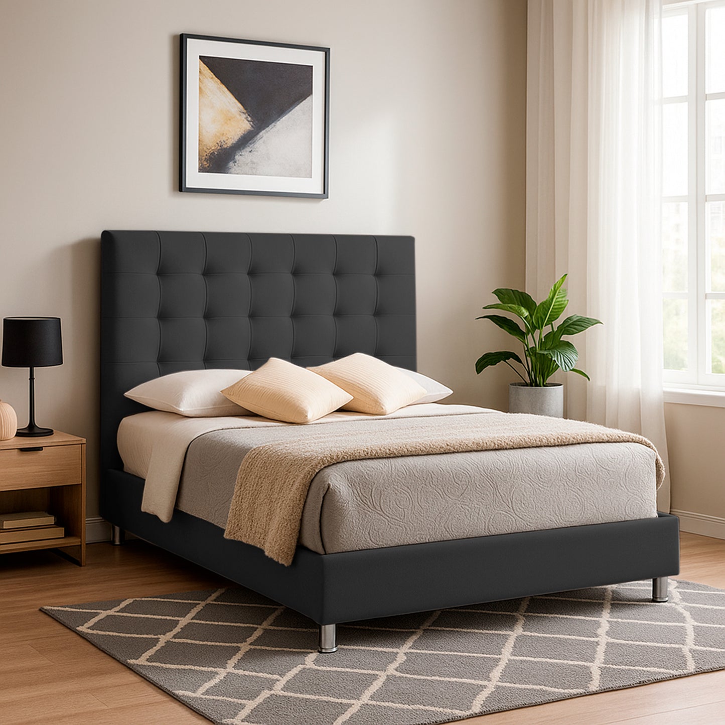 Base Cama con Espaldar + Colchon Semidoble Luxury gris plomo
