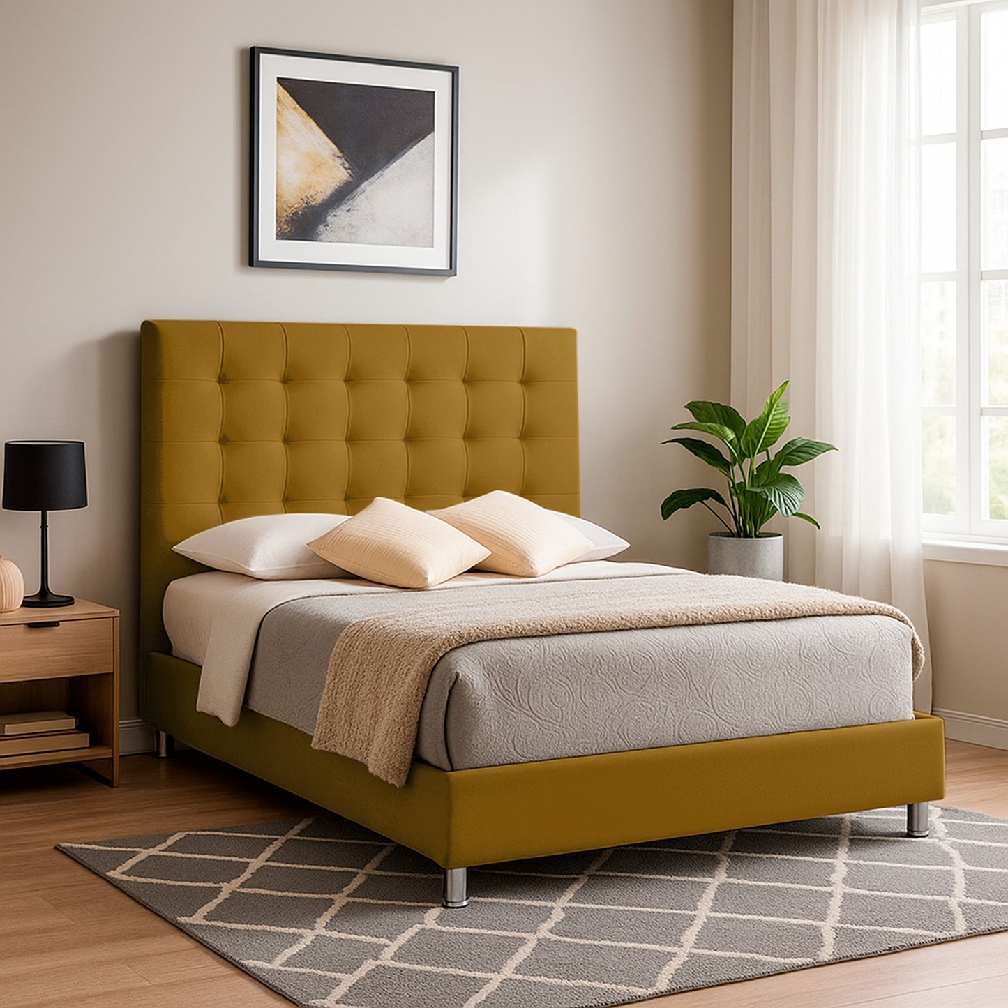 Base Cama Con Espaldar Doble Luxury Mostaza