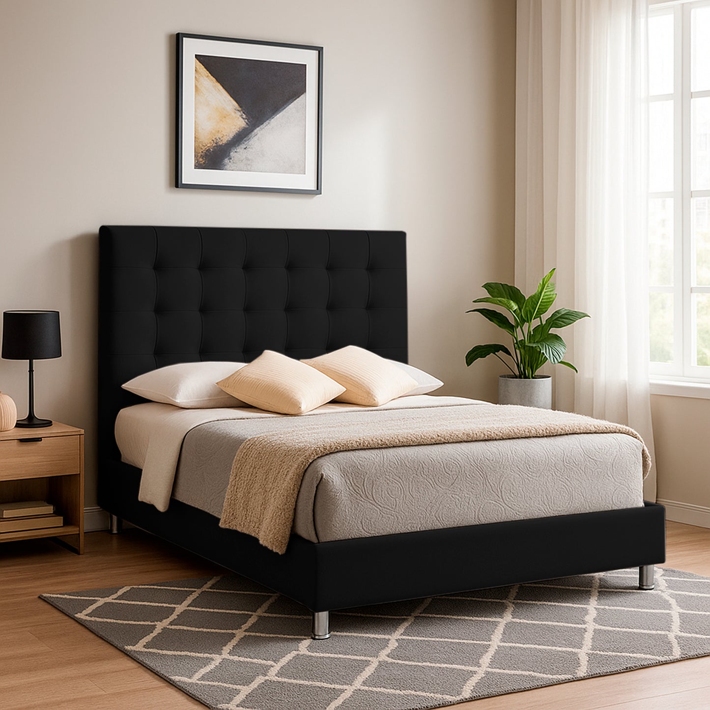 Base Cama con Espaldar + Colchon Semidoble Luxury negro
