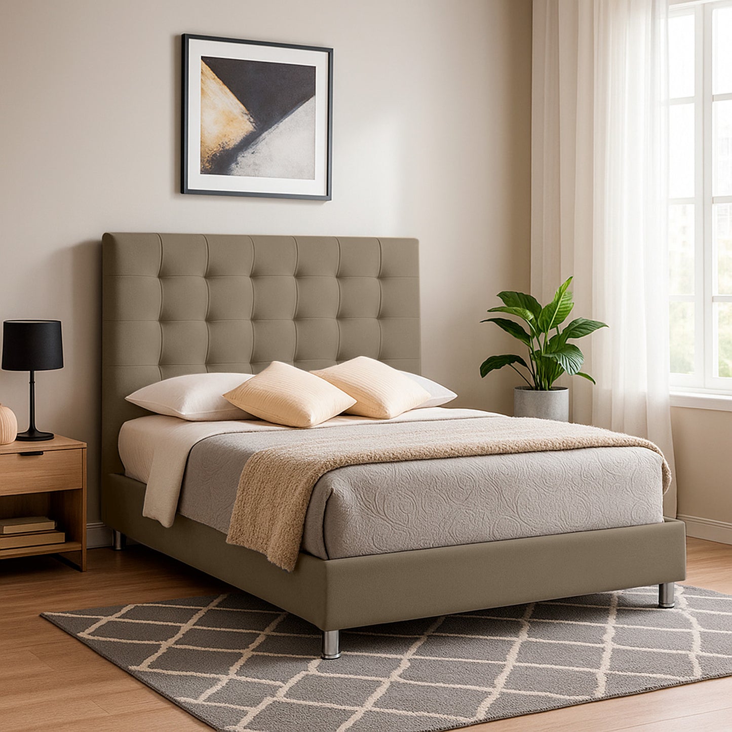 Base Cama con Espaldar + Colchon Sencillo Luxury taupe