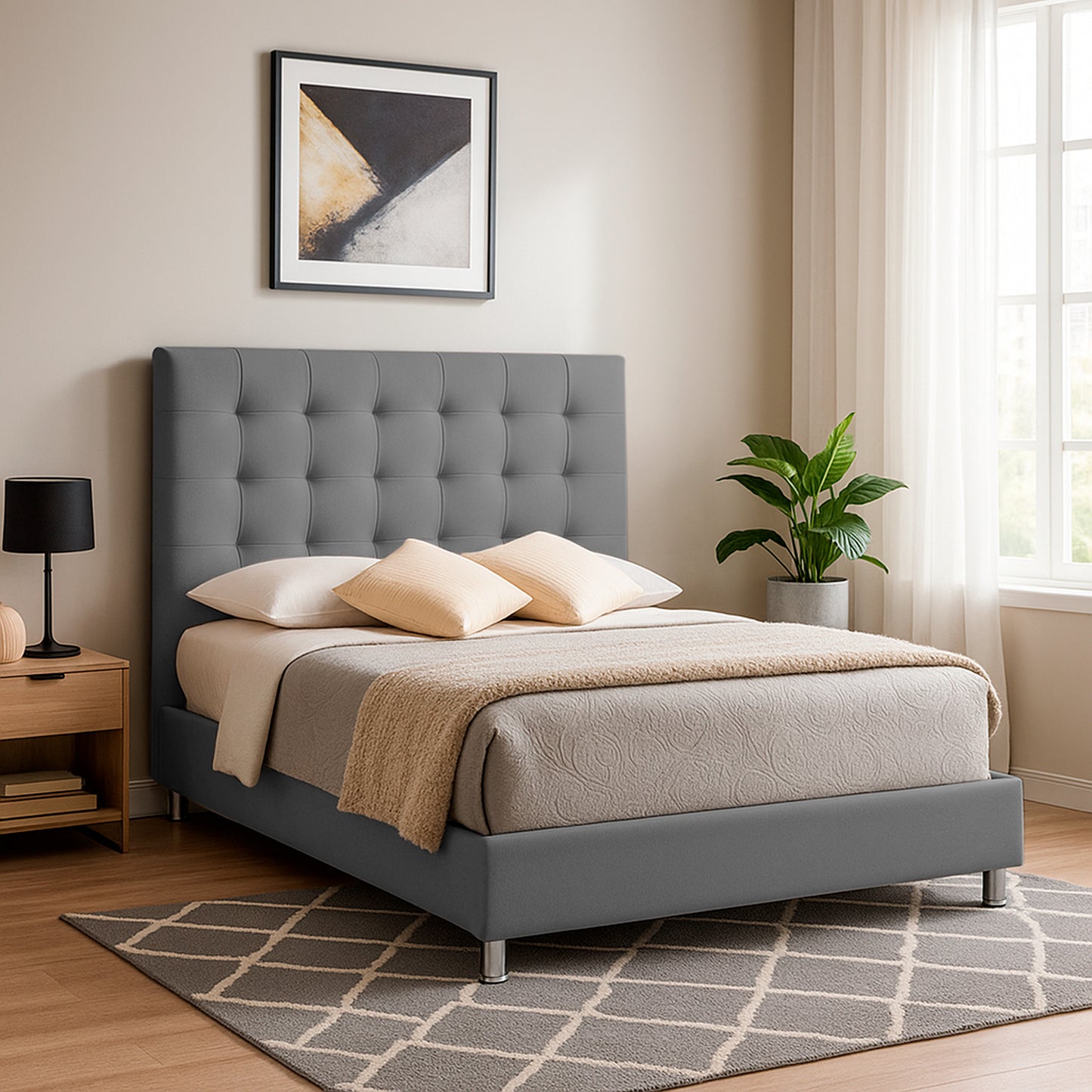 Base Cama con Espaldar + Colchon Semidoble Luxury gris plata
