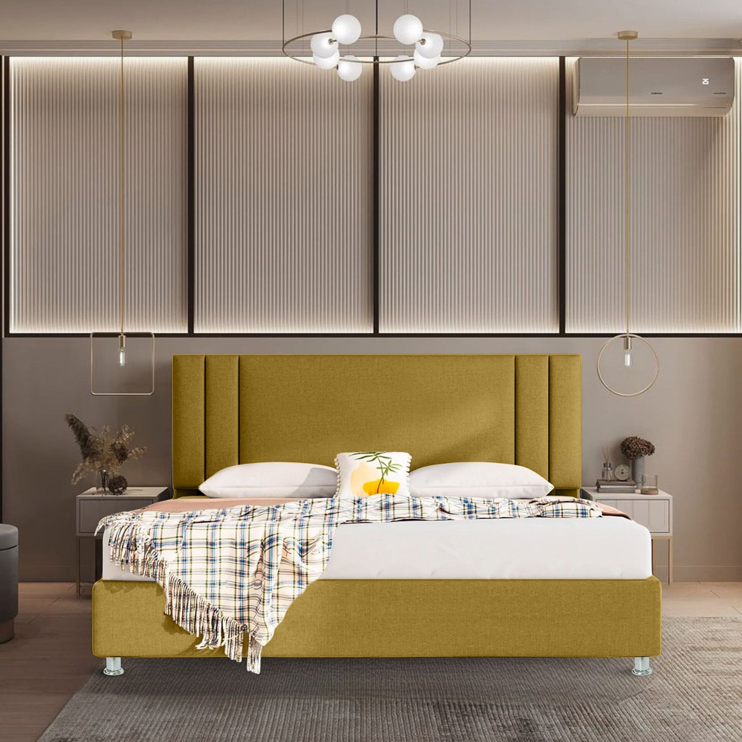Base Cama con Espaldar + Colchon King Lupe 200x200x130 mostaza