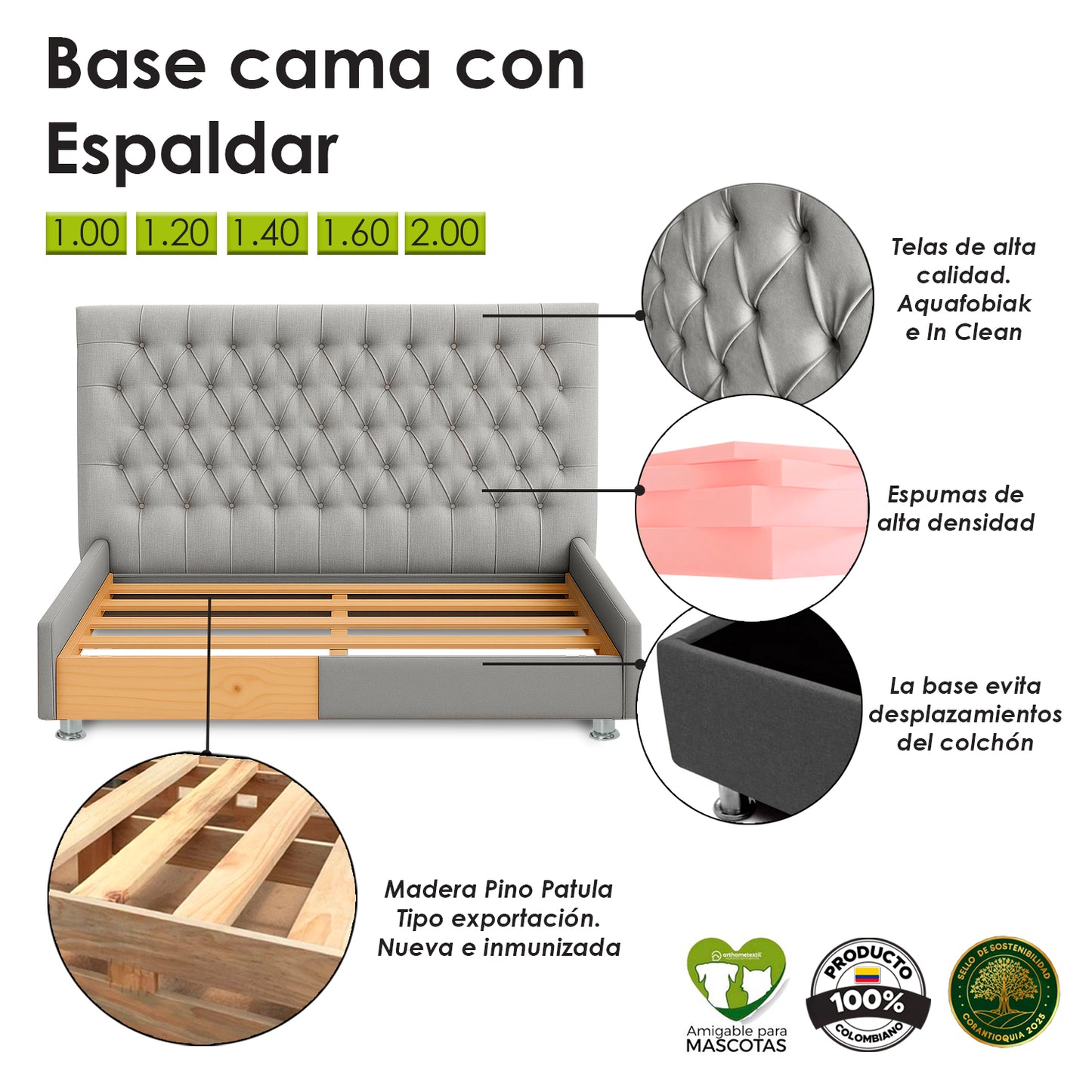 Base Cama con Espaldar + Colchon Doble Marfil cafe