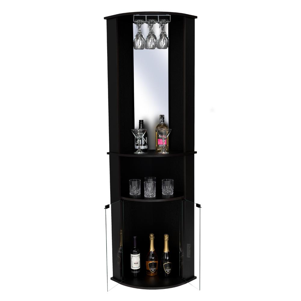 Bar Zumbert, Wengue, Con Dos Puertas De Vidrio, Espejo Y Colgador De Copas