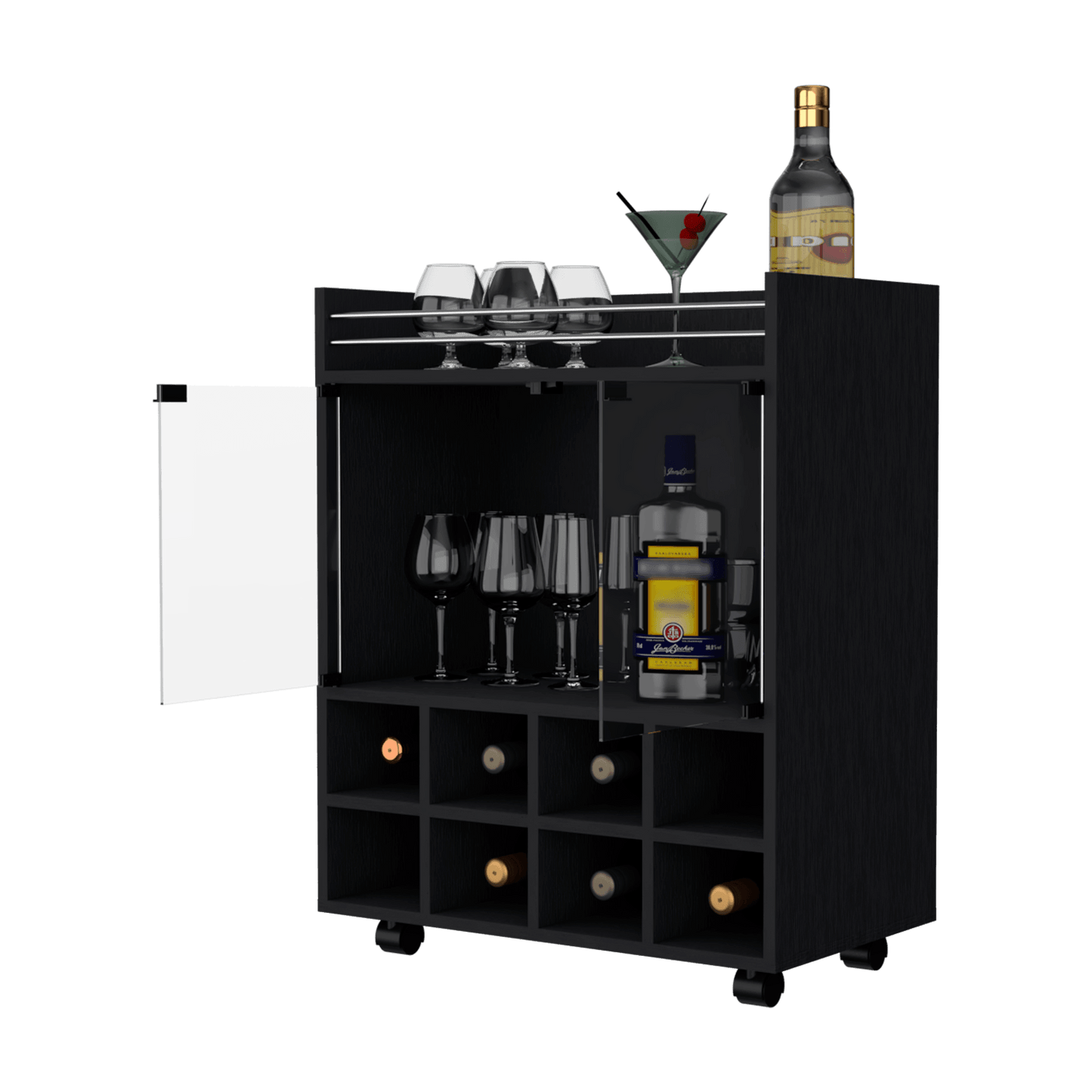 Bar Kymora, Wengue, Con Espacio Para Organizar Licores U Objetos Decorativos, Manijas Metalicas