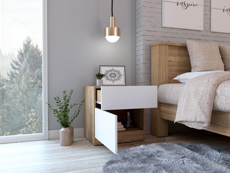 Mesa de Noche Almara color Miel y Blanco para Habitación.