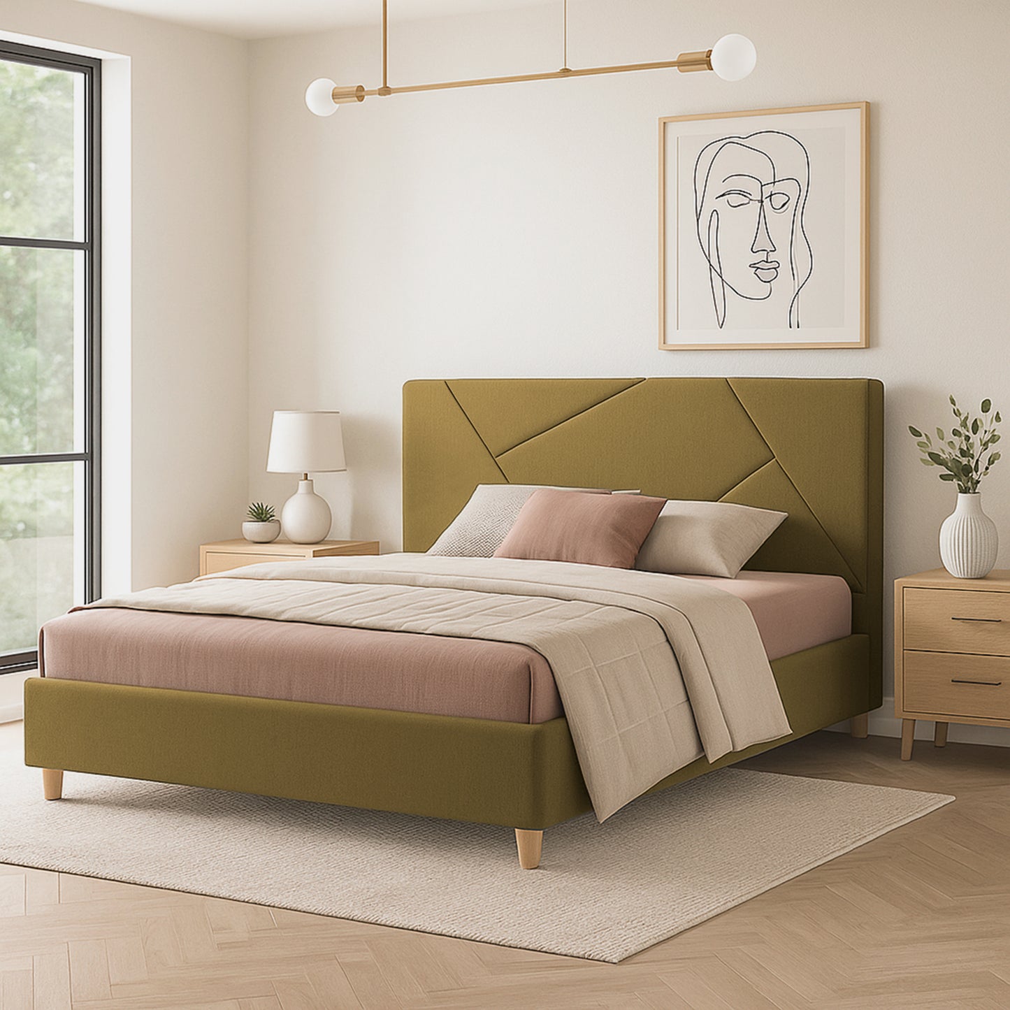 Base Cama Con Espaldar Queen Hampton Mostaza