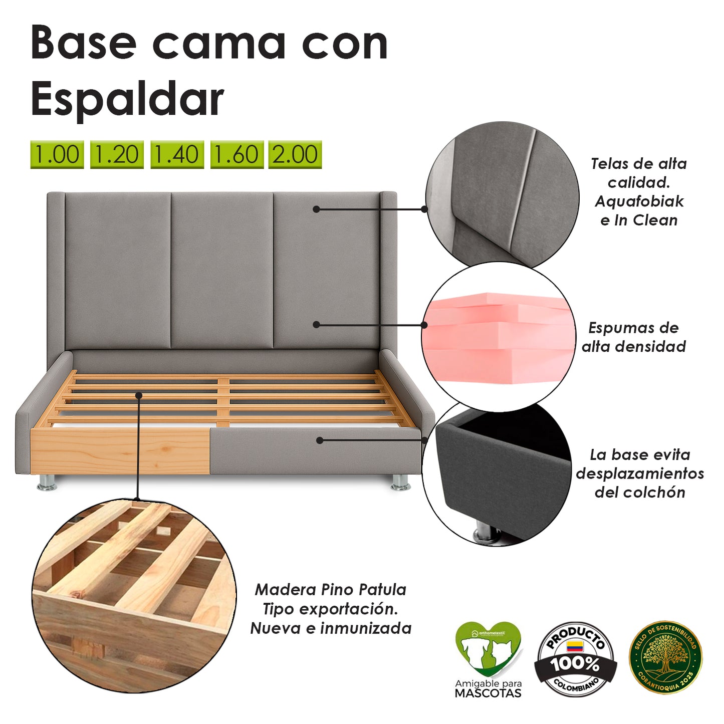 Base Cama Con Espaldar Queen Mousai Gris Perla
