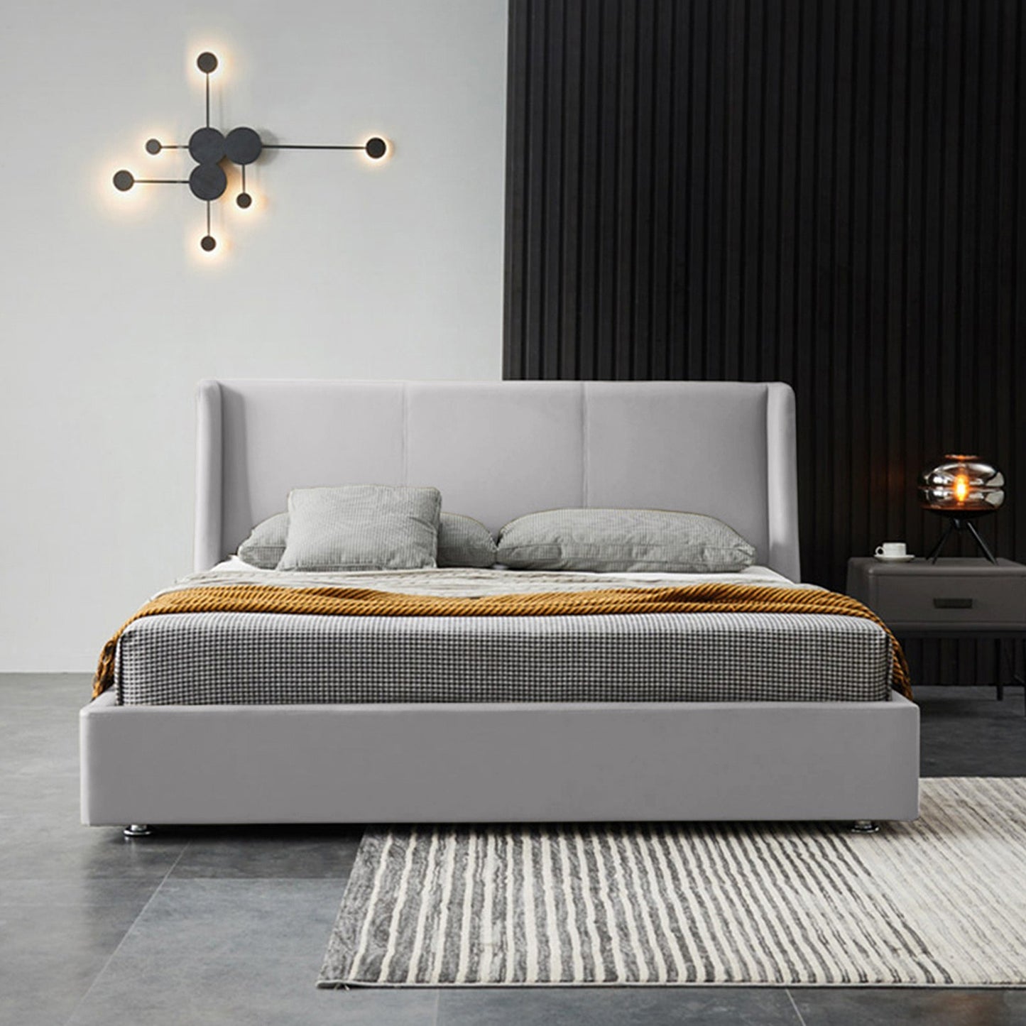 Base Cama Con Espaldar King Mousai Gris Perla