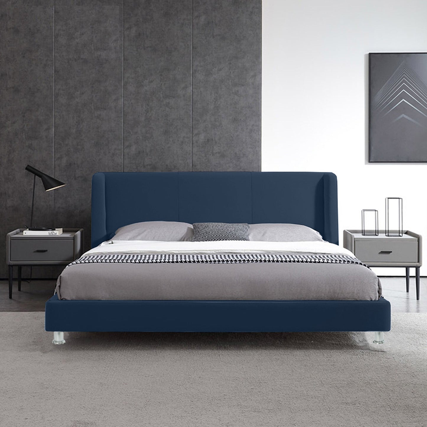Base Cama Con Espaldar Queen Mousai Azul