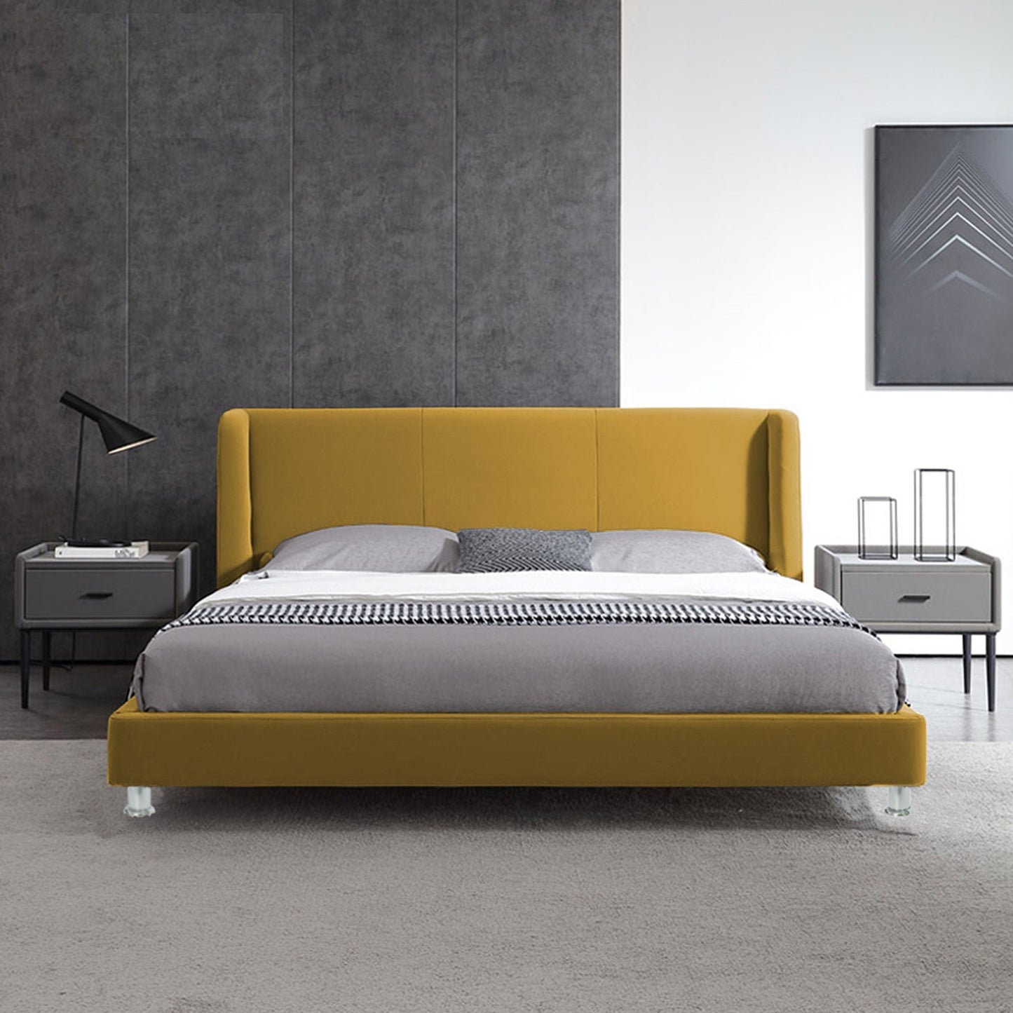 Base Cama Con Espaldar Queen Mousai Mostaza