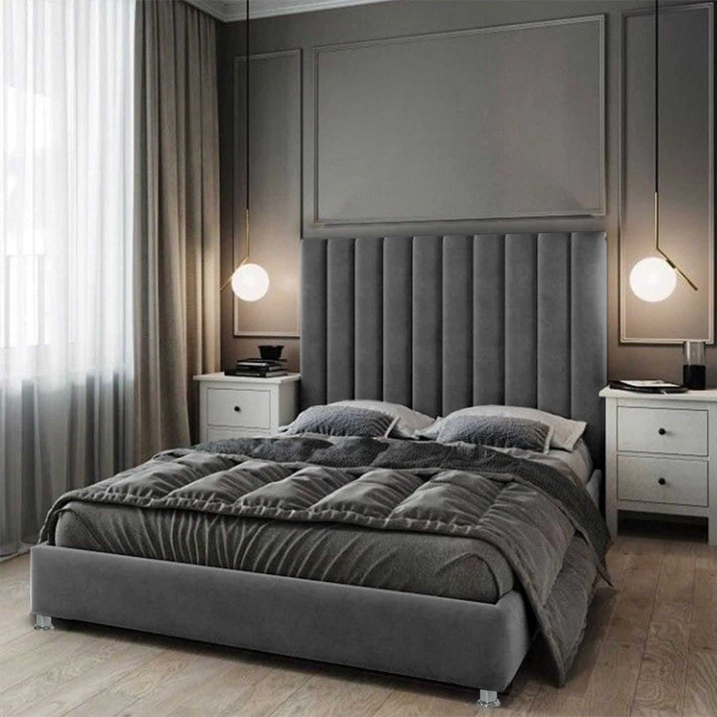 Base Cama con Espaldar + Colchon Queen Natura 160x190x150 gris plomo