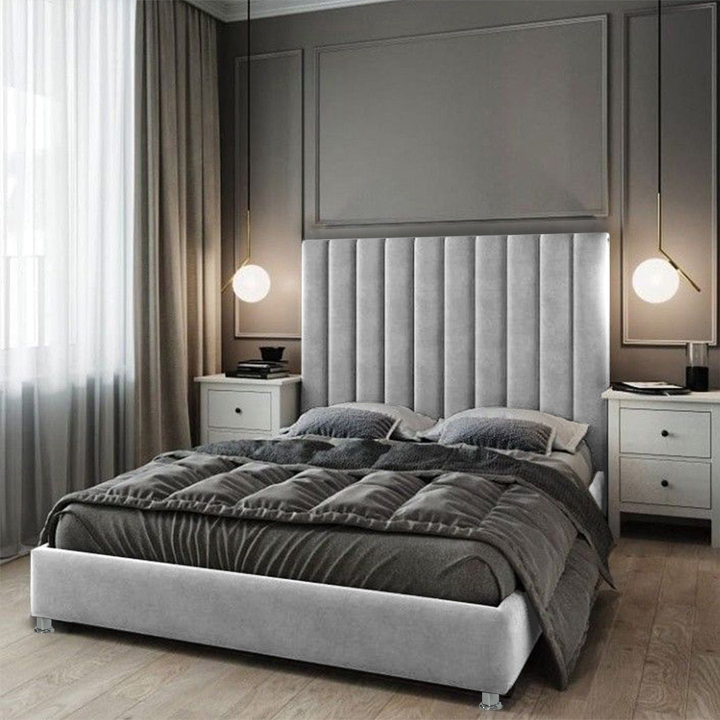 Base Cama Con Espaldar Sencillo Natura Gris Perla