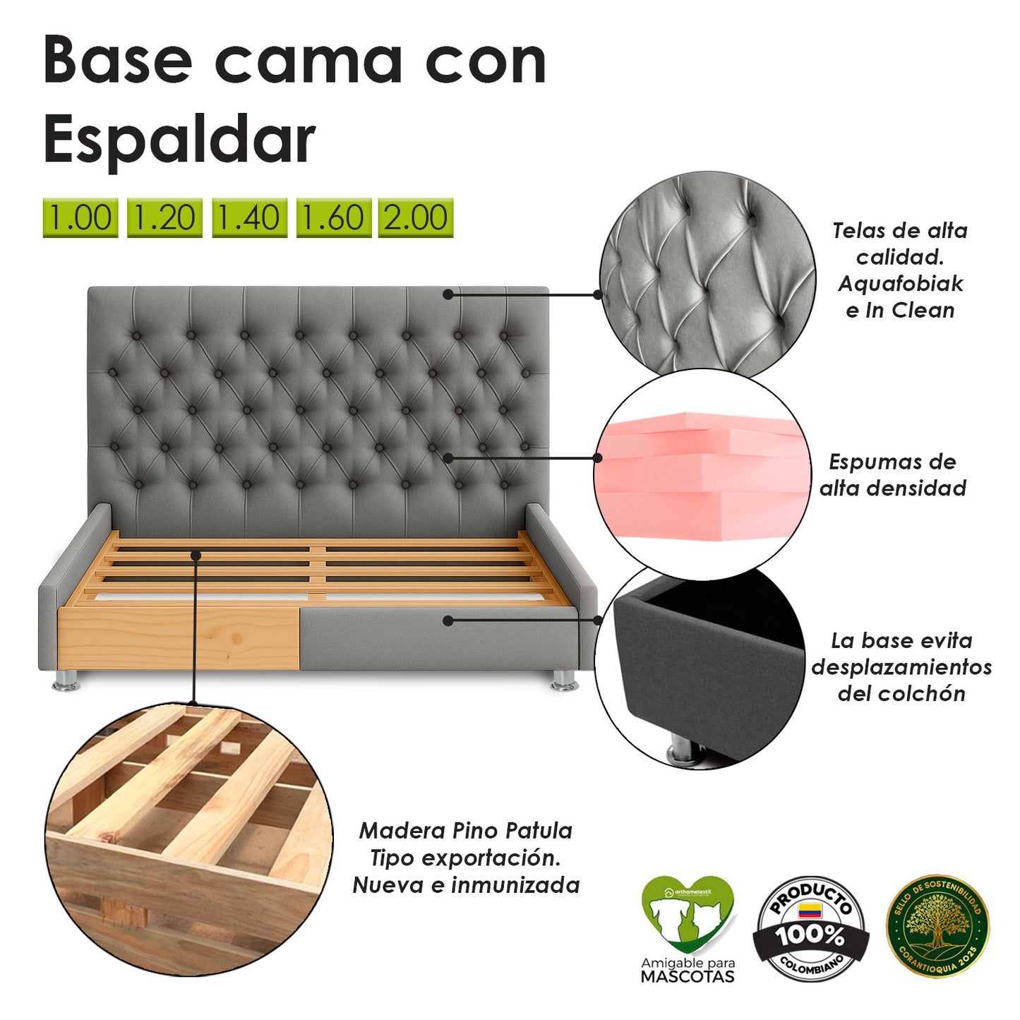 Base Cama Con Espaldar Doble Paris Gris Plomo