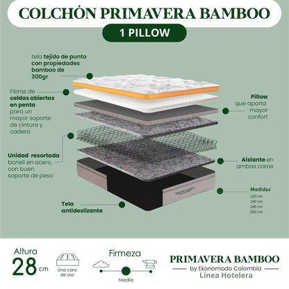 Colchon Semiortopedico Queen Primavera Bamboo  con Un Pillow